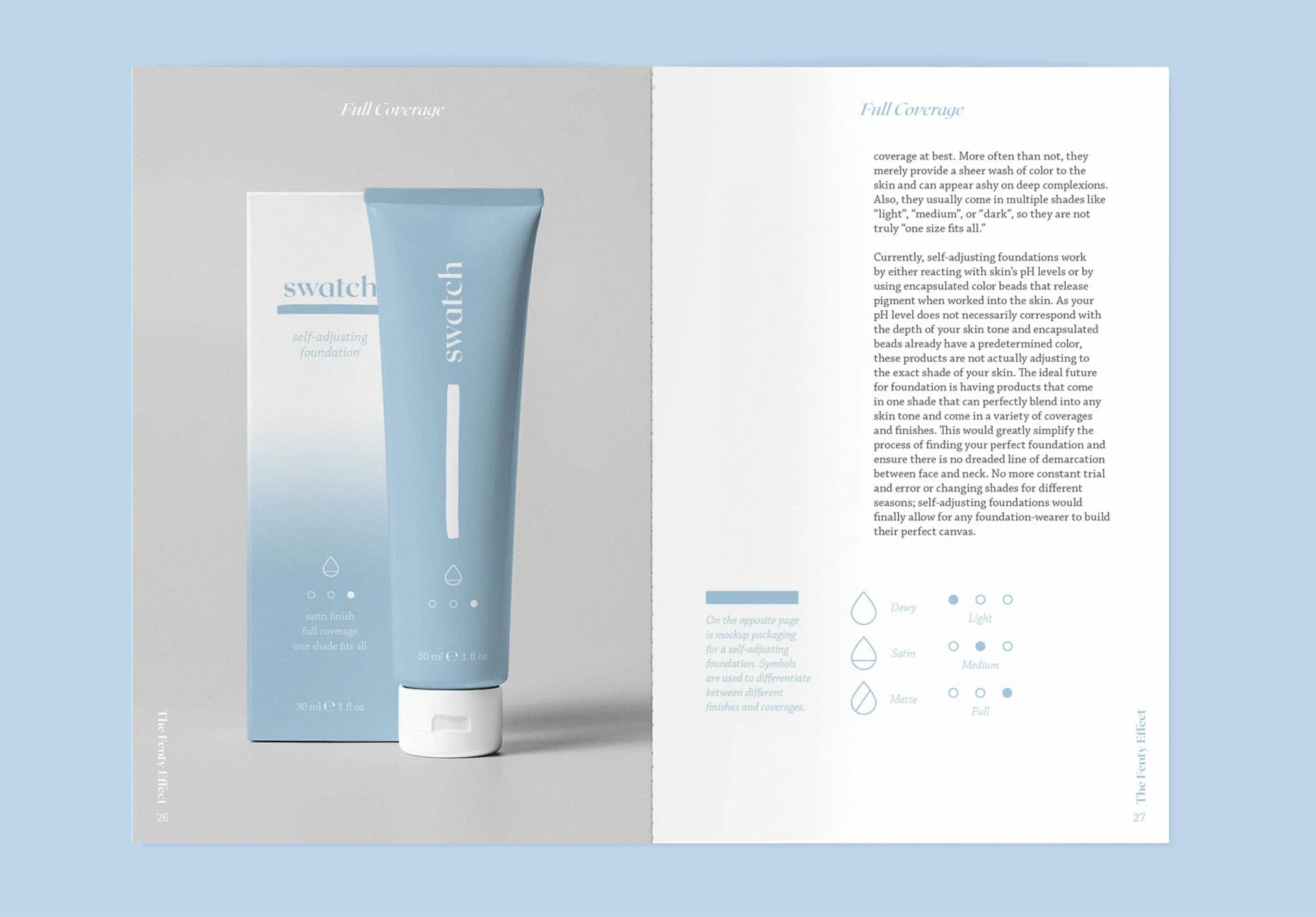 Open magazine spread showing a light blue tube of Swatch self-adjusting foundation on the left page and text explaining foundation shades and coverage details on the right page.