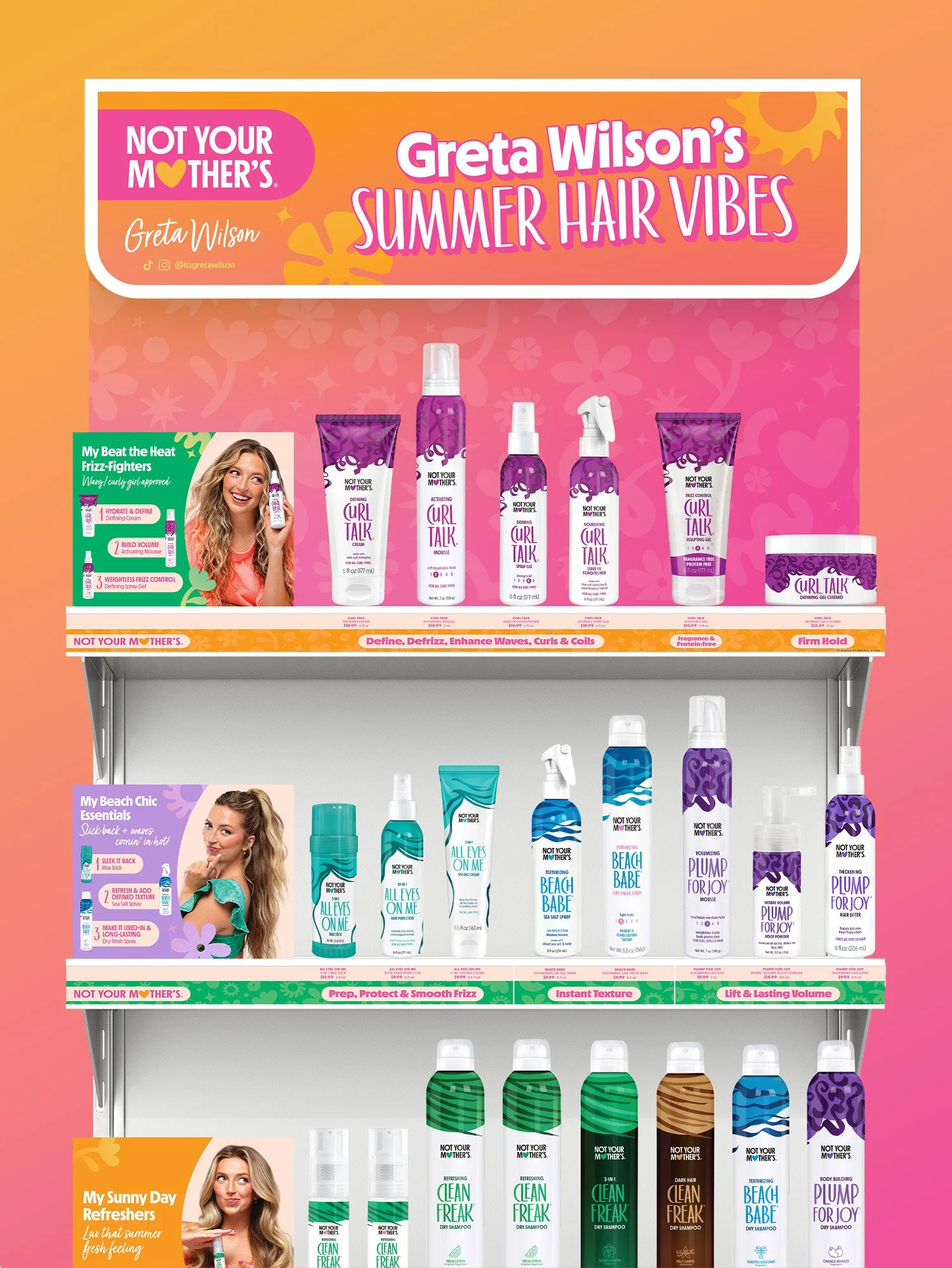 Display of Summer Hair Vibes hair care products from Not Your Mother’s, featuring various sprays, gels, and shampoos with vibrant packaging and promotional images of women with styled hair. Greta Wilson Not Your Mother's ULTA Endcap
