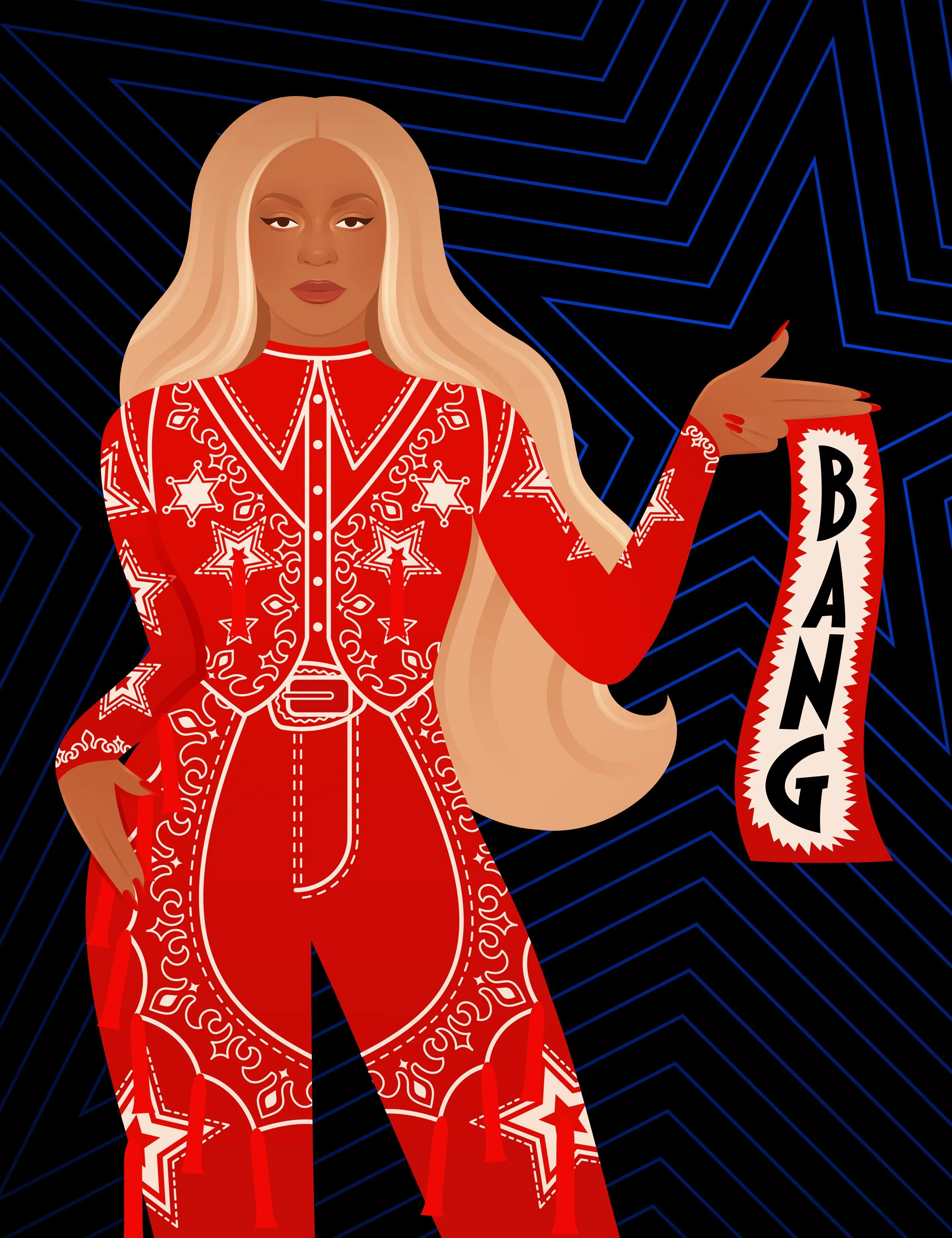 An illustrated woman with long blonde hair wearing a red western-style outfit with white star and swirl patterns, standing against a dark background with blue lines, holding a red ribbon with the word 'BANG' in black letters. Beyonce Cowboy Carter