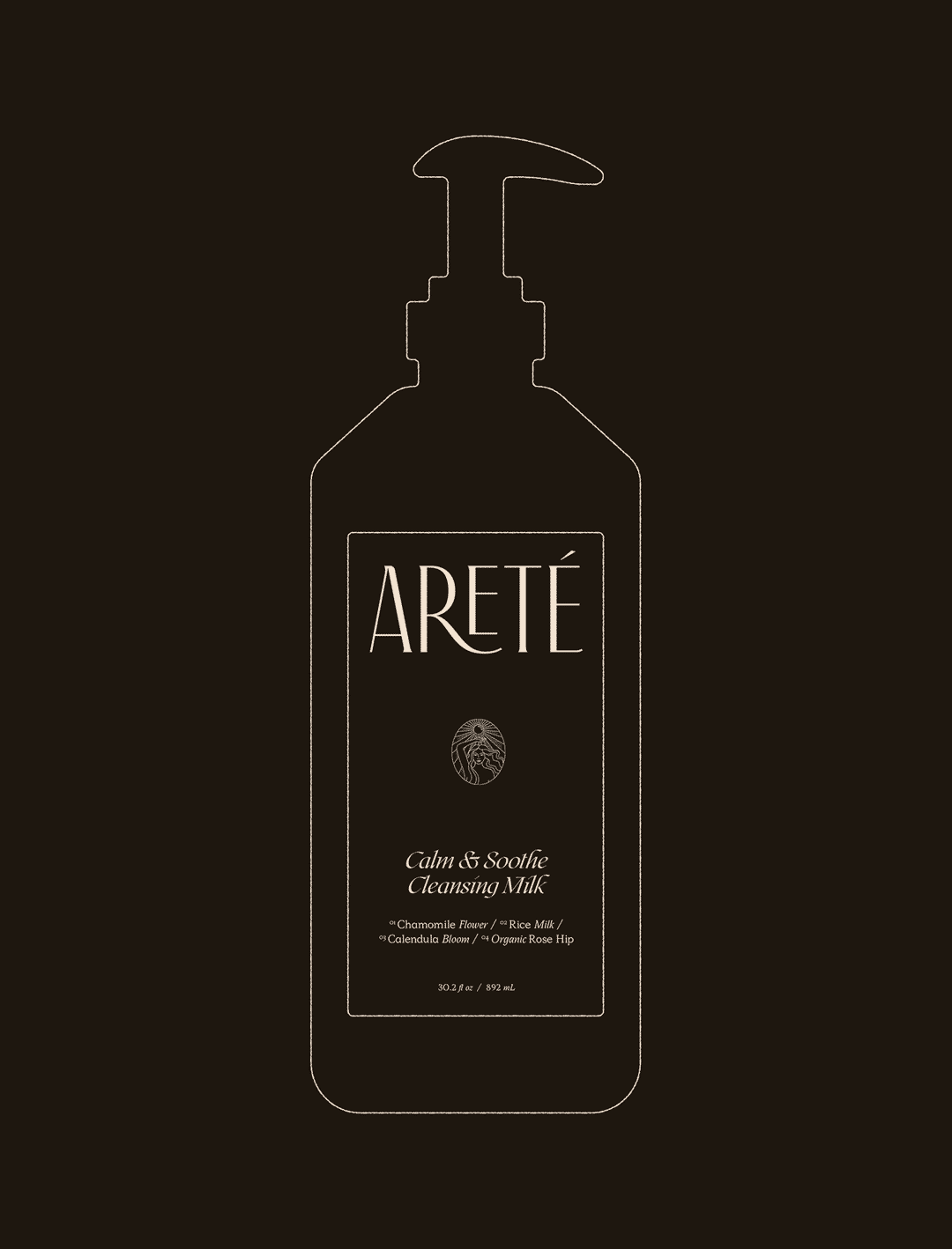 Outline drawing of a cleansing milk bottle labeled 'ARETÉ' with a pump dispenser on a dark background