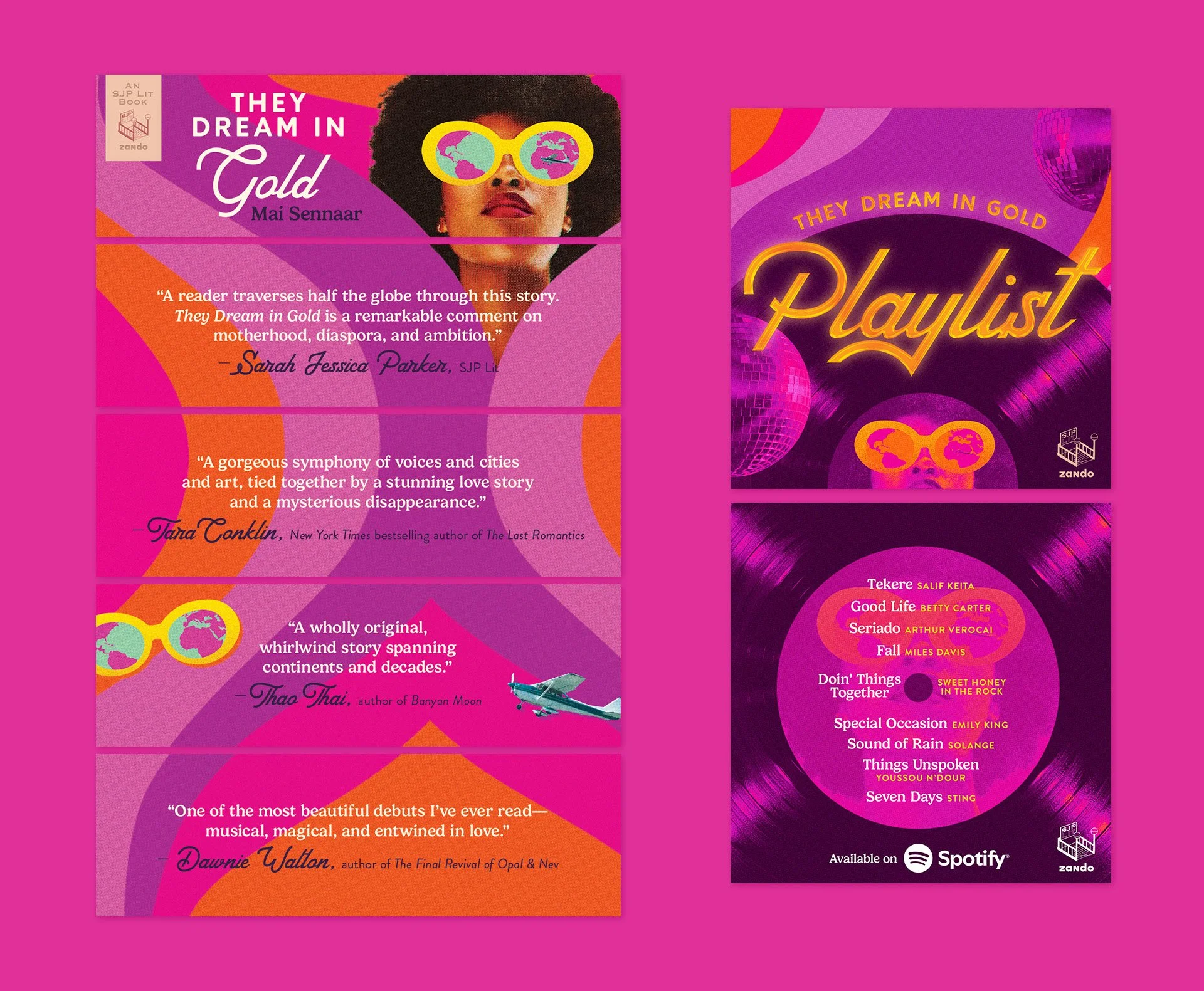 Image promoting the book "They Dream in Gold" with quotes from reviews and showcasing the playlist album cover featuring a woman with sunglasses and colorful backgrounds with pink and purple tones.