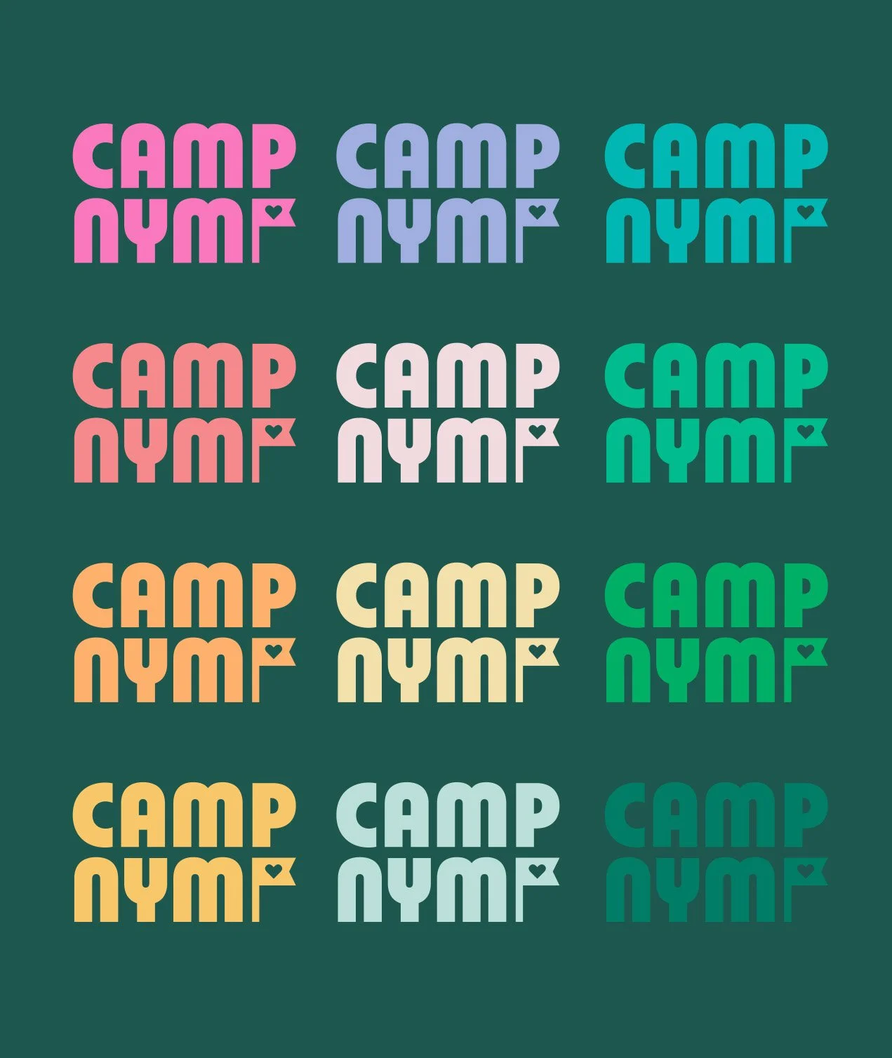 Colorful repeating patterns of the phrase 'CAMP NYM' in various colors including pink, purple, teal, peach, yellow, and green on a dark green background.
