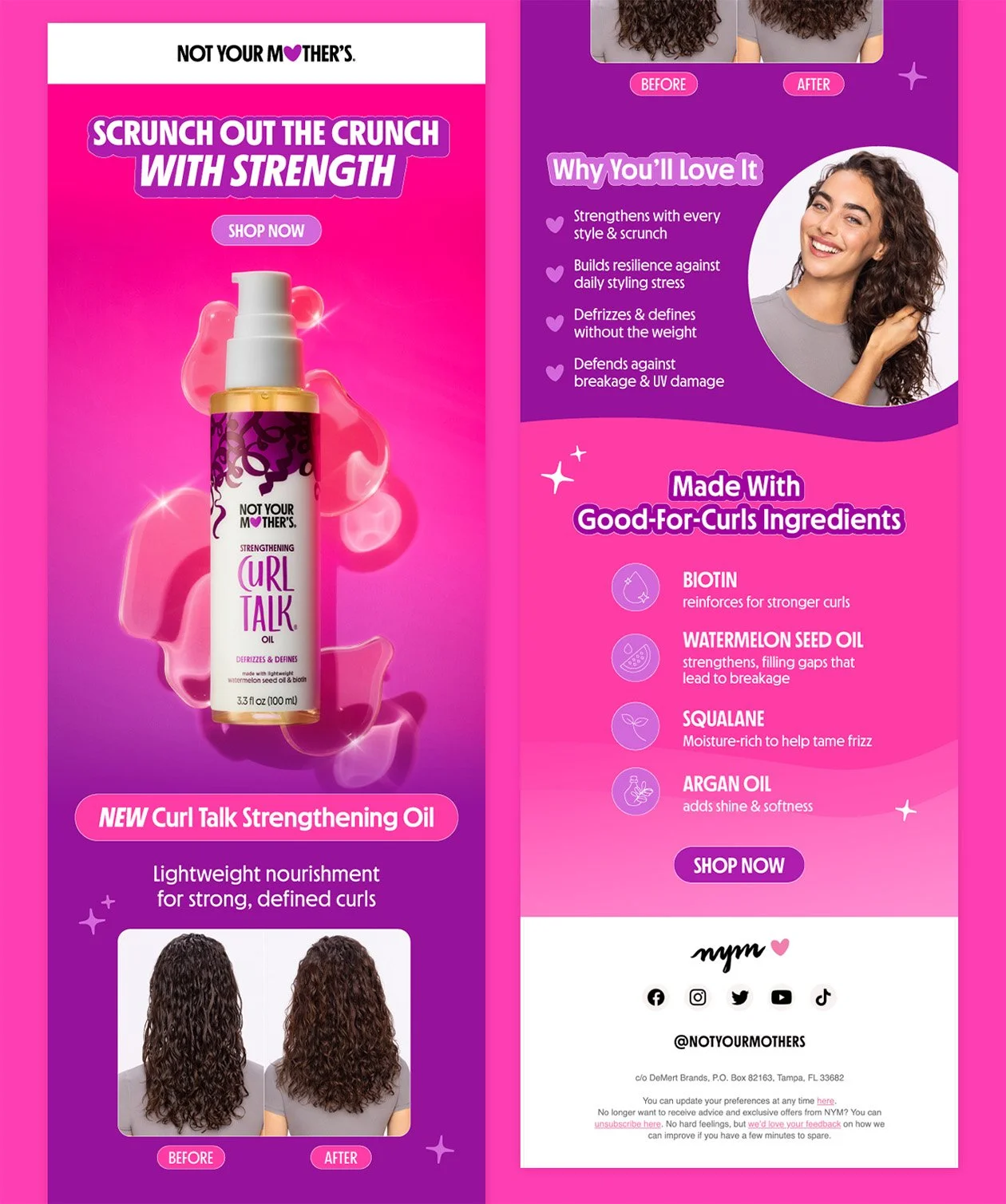 Pink advertisement for a hair product called 'Curl Talk Strengthening Oil' featuring before and after photos of curly hair, with text about ingredients and benefits