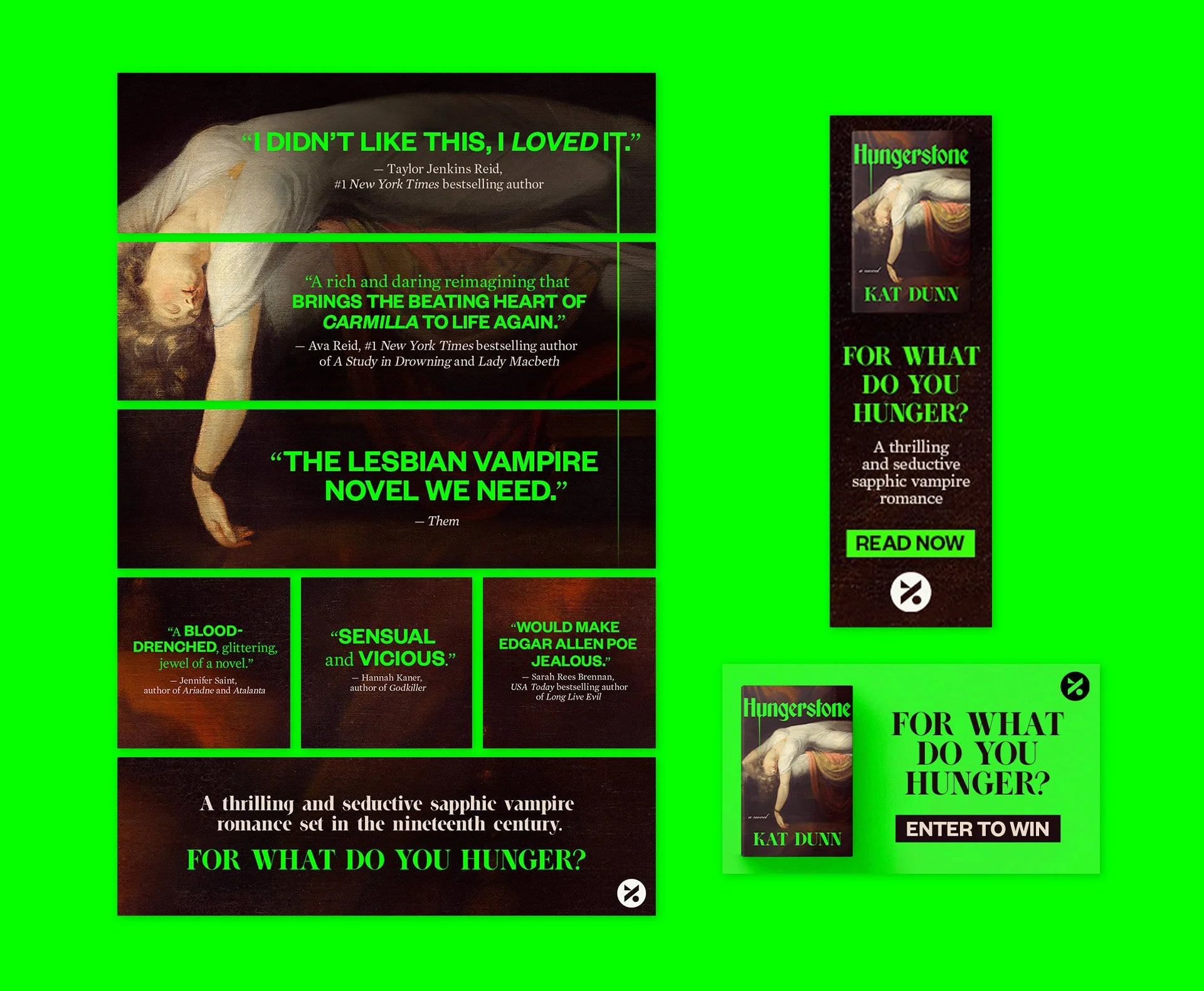 Promotional graphic for the book "For What Do You Hunger?" by Kat Dunn, featuring quotes about the novel, book cover, and a giveaway call to action.