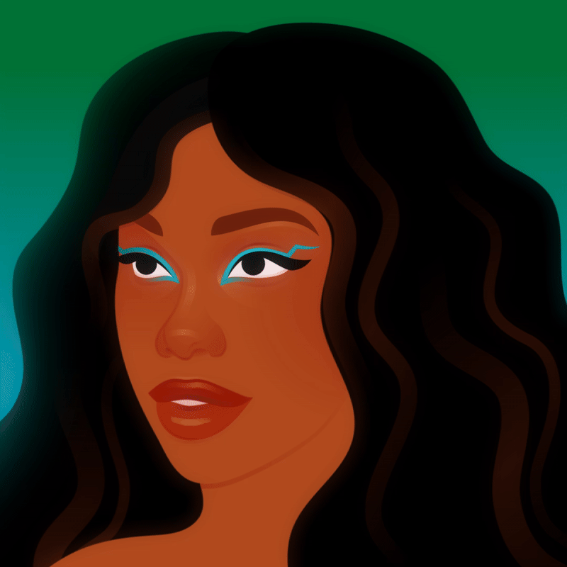Digital illustration of a woman with long dark wavy hair and vibrant makeup, featuring blue eyeshadow and dark lipstick. SZA