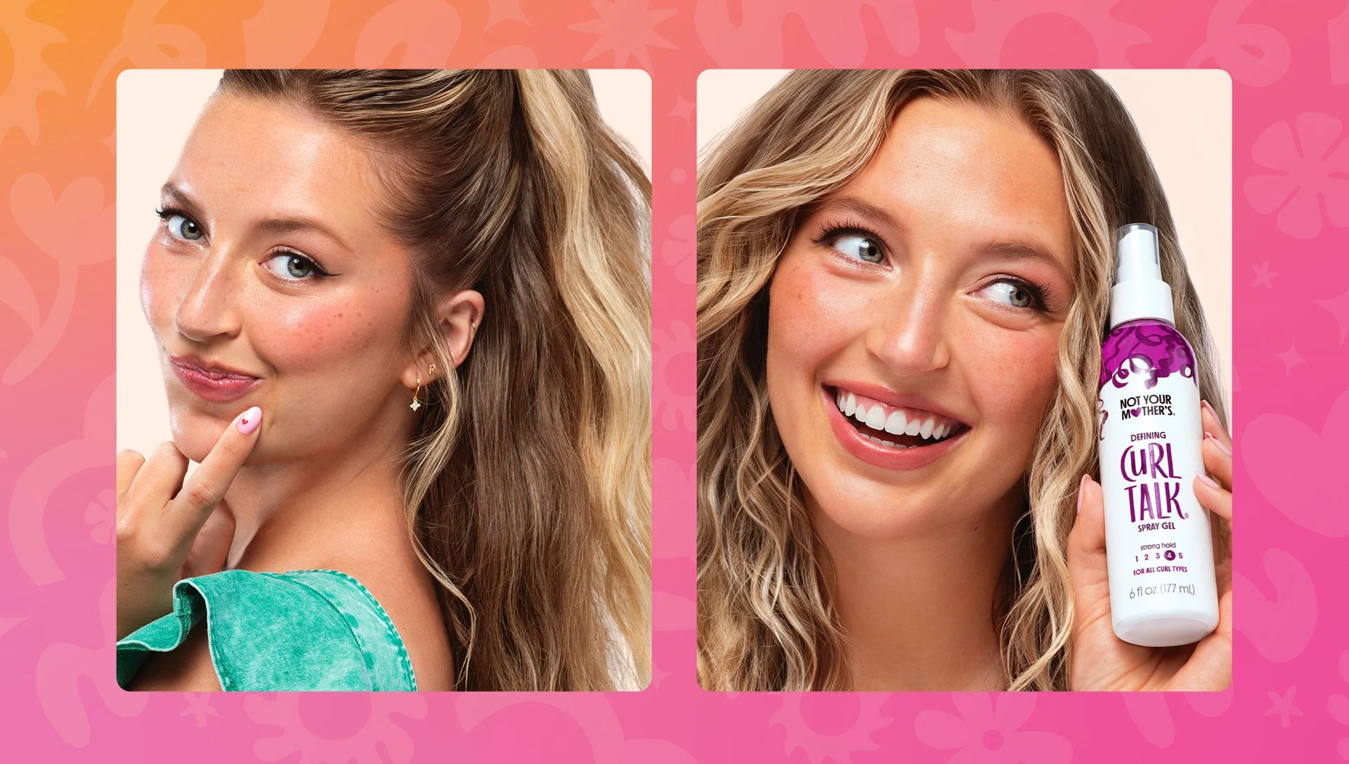 Side-by-side photos of woman with curly hair, both highlighting curly hair styling products. Greta Wilson Not Your Mother's ULTA Endcap