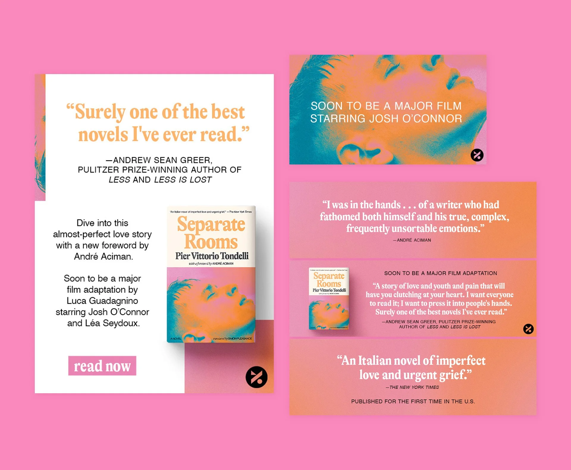 Promotional graphic for the novel 'Separate Rooms' by Pier Vittorio Tondelli. The background is pink, with white and orange text, featuring quotes from reviews and information about a film adaptation starring Josh O'Connor and Léa Seydoux. There is an image of the book cover, which shows an abstract, colorful face in close-up.