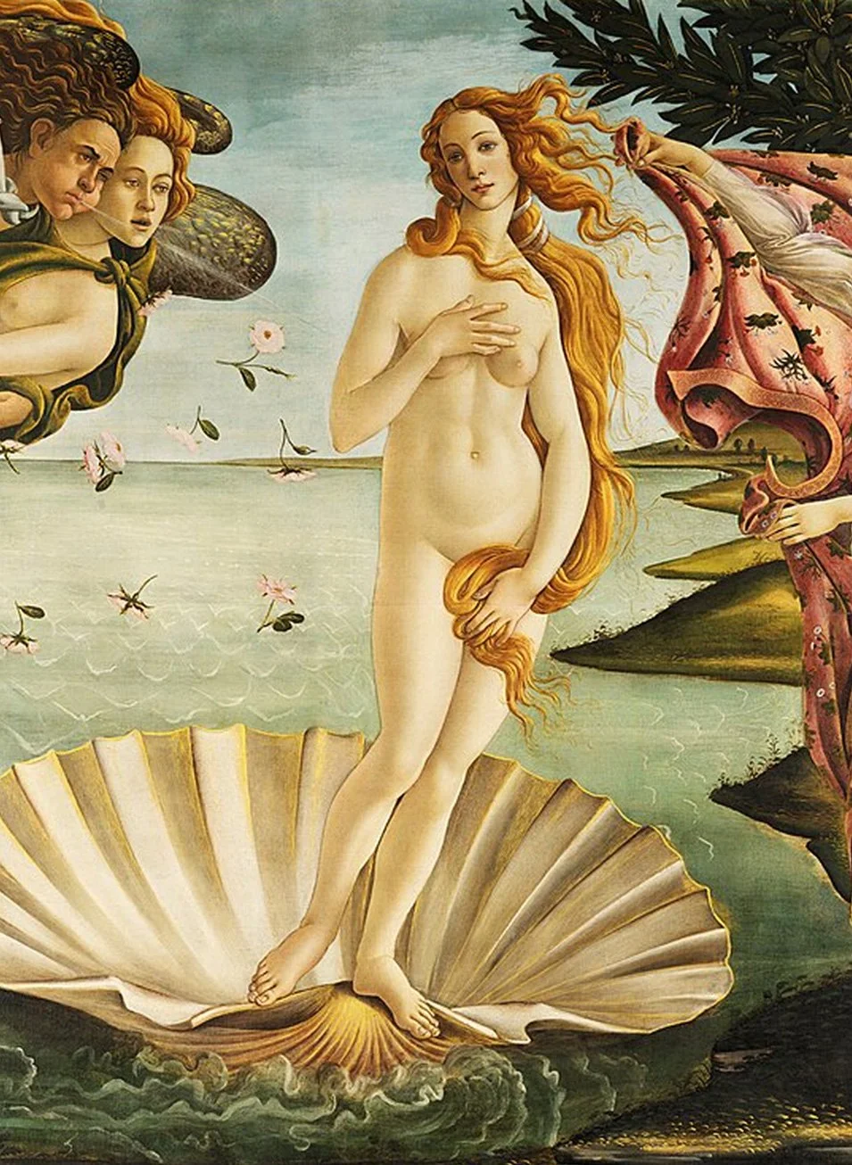 A classical painting of a nude woman with long red hair standing on a large seashell, with a landscape background. Venus/Aphrodite