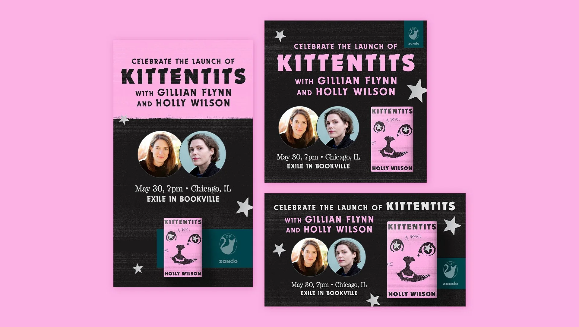 Promotional flyers for the book launch of 'KITTENTITS' by Holly Wilson, featuring an event on May 30 at 7 pm in Chicago, IL, with images of authors Gillian Flynn and Holly Wilson, along with an illustration of a cat face on a pink background.