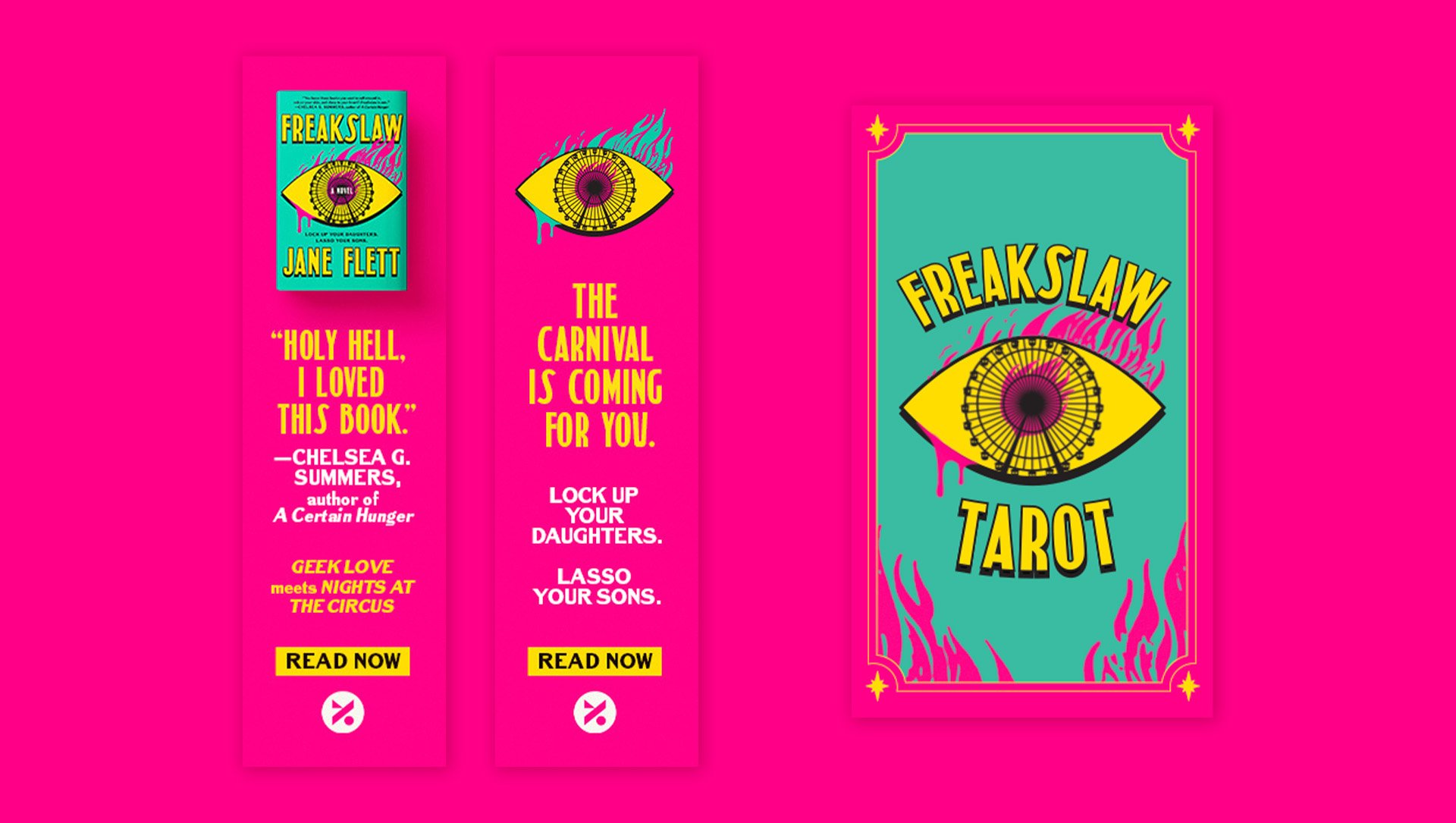 Book cover titled 'Freaksaw Tarot' featuring a large eye with a ferris wheel and flames, in bright teal, yellow, pink, and black colors.