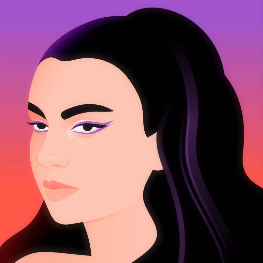 Digital illustration/animation of a woman with dark hair (Charli xcx), arched eyebrows, and purple eyeliner against a vibrant pink and purple gradient background, alternating between different creative eyeshadow looks.