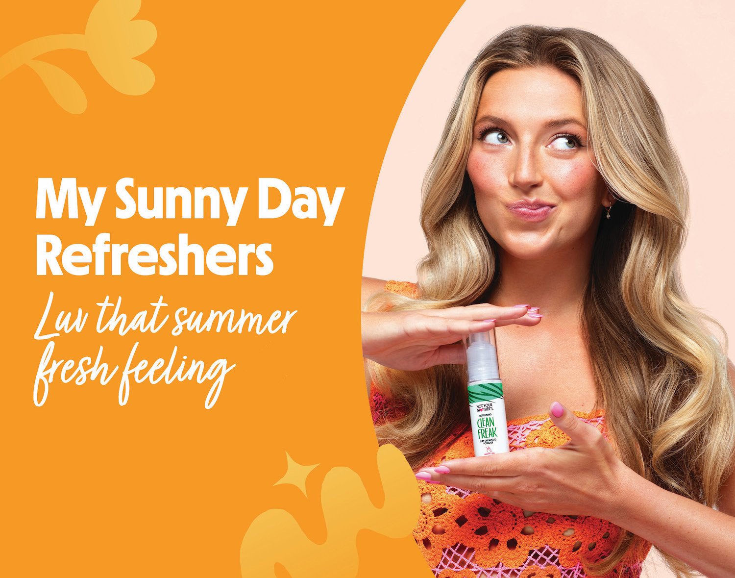 A woman with long blonde hair smiling and holding a spray bottle of refreshing mist labeled 'Clean Freak' against a pink background, with bright orange text on the left promoting sunny day refreshers and summer freshness.
