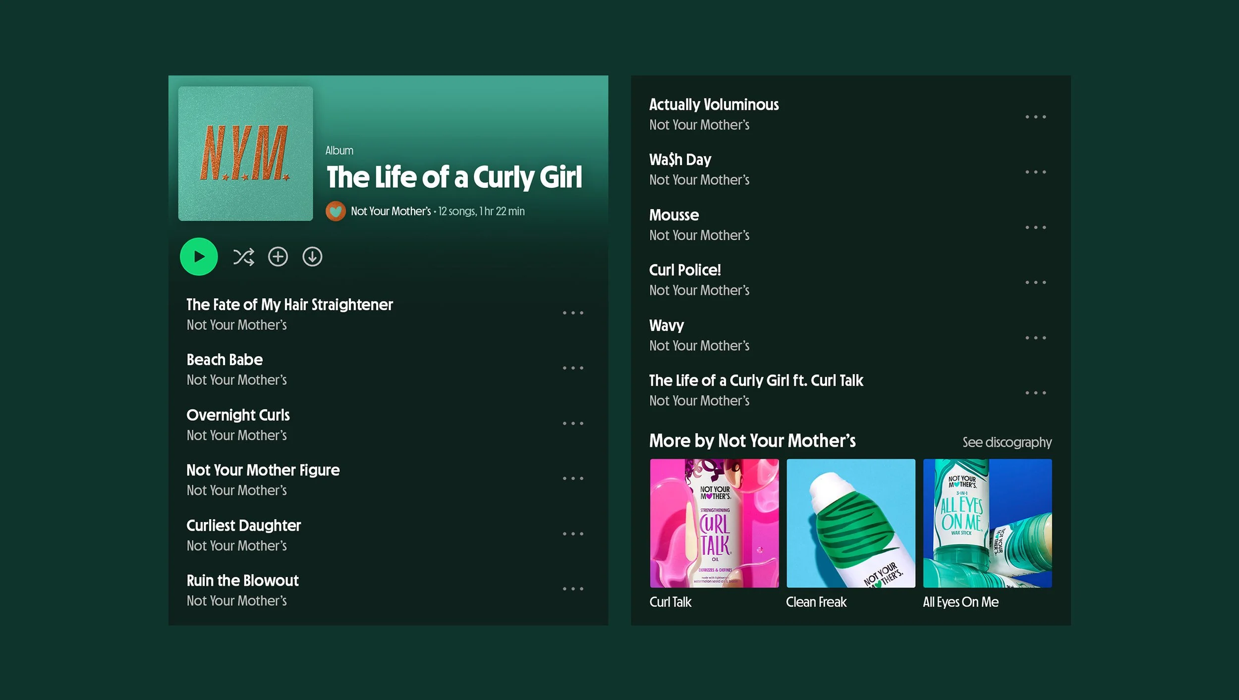 Screenshot of a music streaming app displaying the album "The Life of a Curly Girl" by Not Your Mother's, with track listings and album cover art.