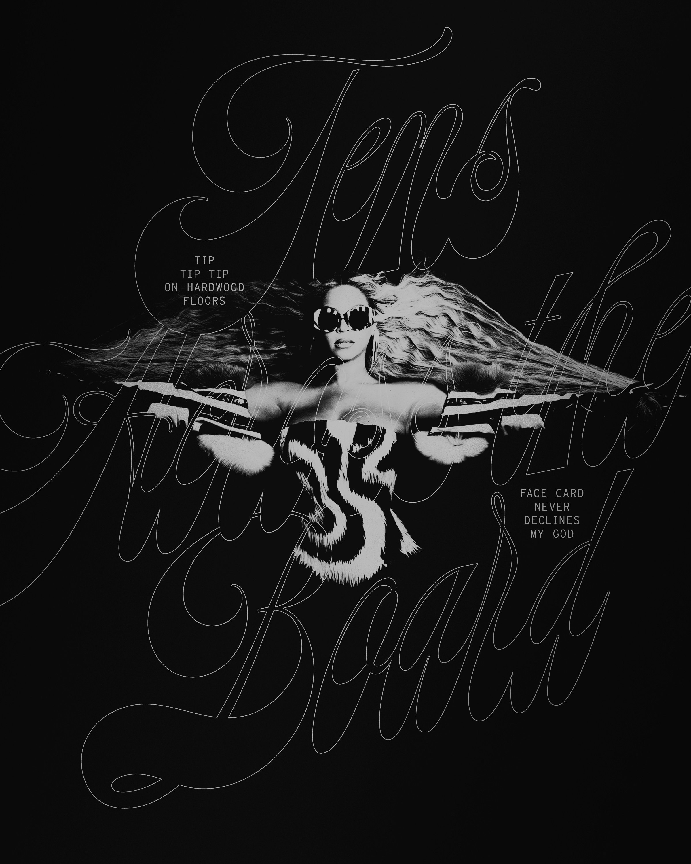 Black and white artistic image featuring a woman with wavy hair and sunglasses, with a tiger's face overlayed at her chest, surrounded by handwritten text and decorative elements.