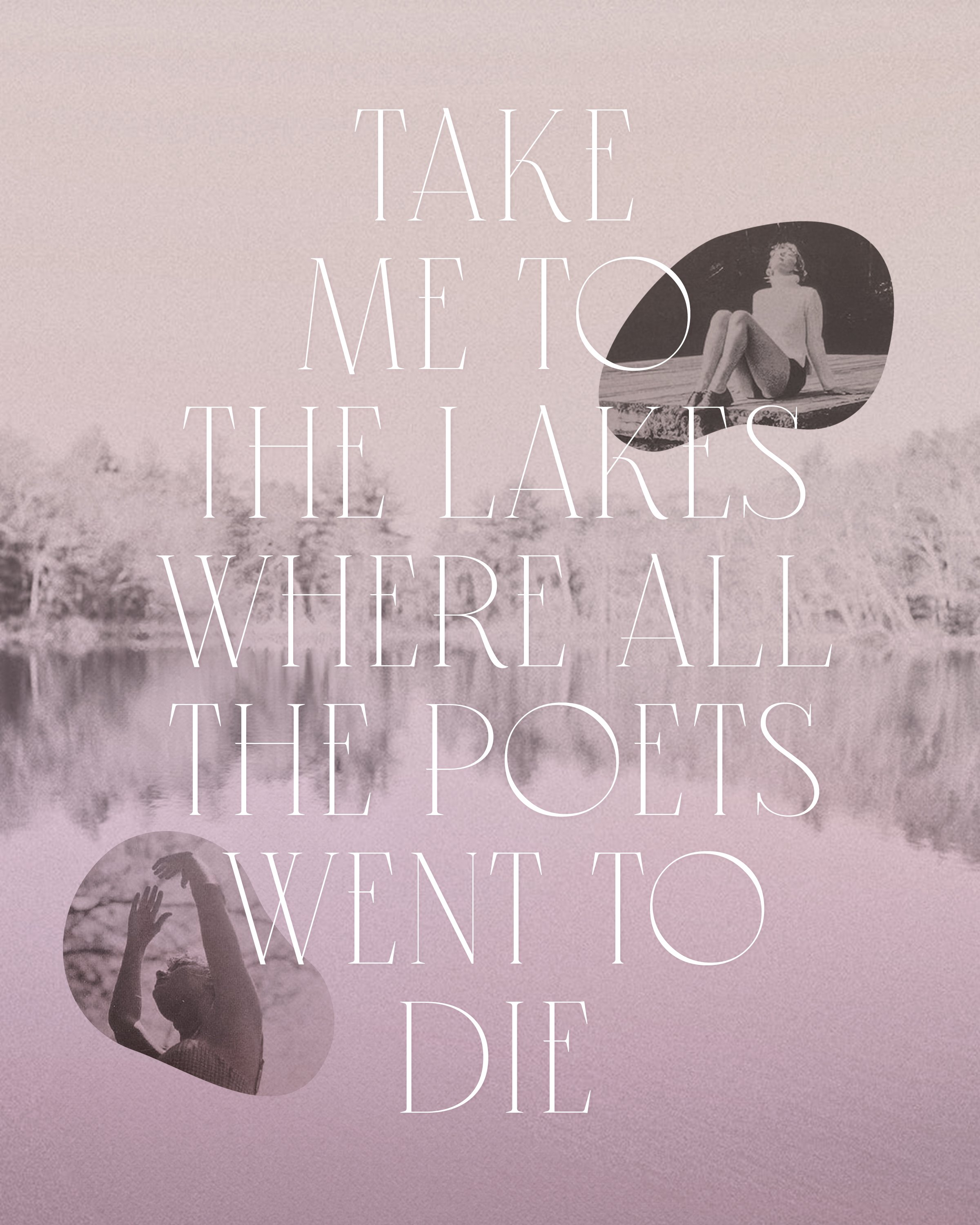 Inspirational quote over a lakeside background with two black-and-white images of women, one sitting on a dock and the other stretching with arms raised.