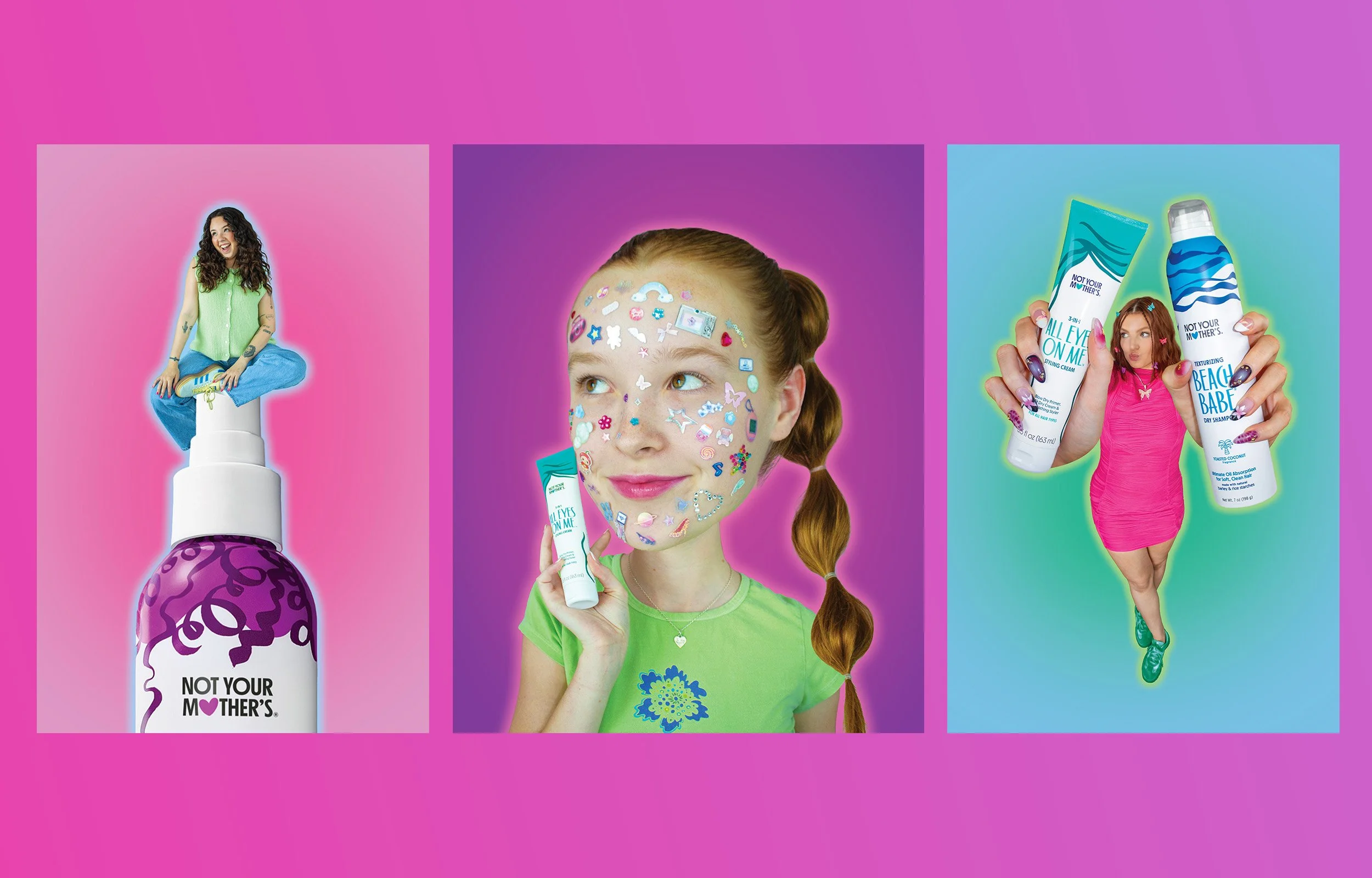 Three separate images with vibrant backgrounds. The first shows a woman sitting on top of a large bottle of skincare product labeled "NOT YOUR MOTHER'S" with a pink gradient background. The second features a girl with red hair and face stickers, holding a tube, against a purple background. The third depicts a woman with long nails holding two bottles of skincare products labeled "ALL EYES ON ME" and "BEACH BABE," with a teal background.