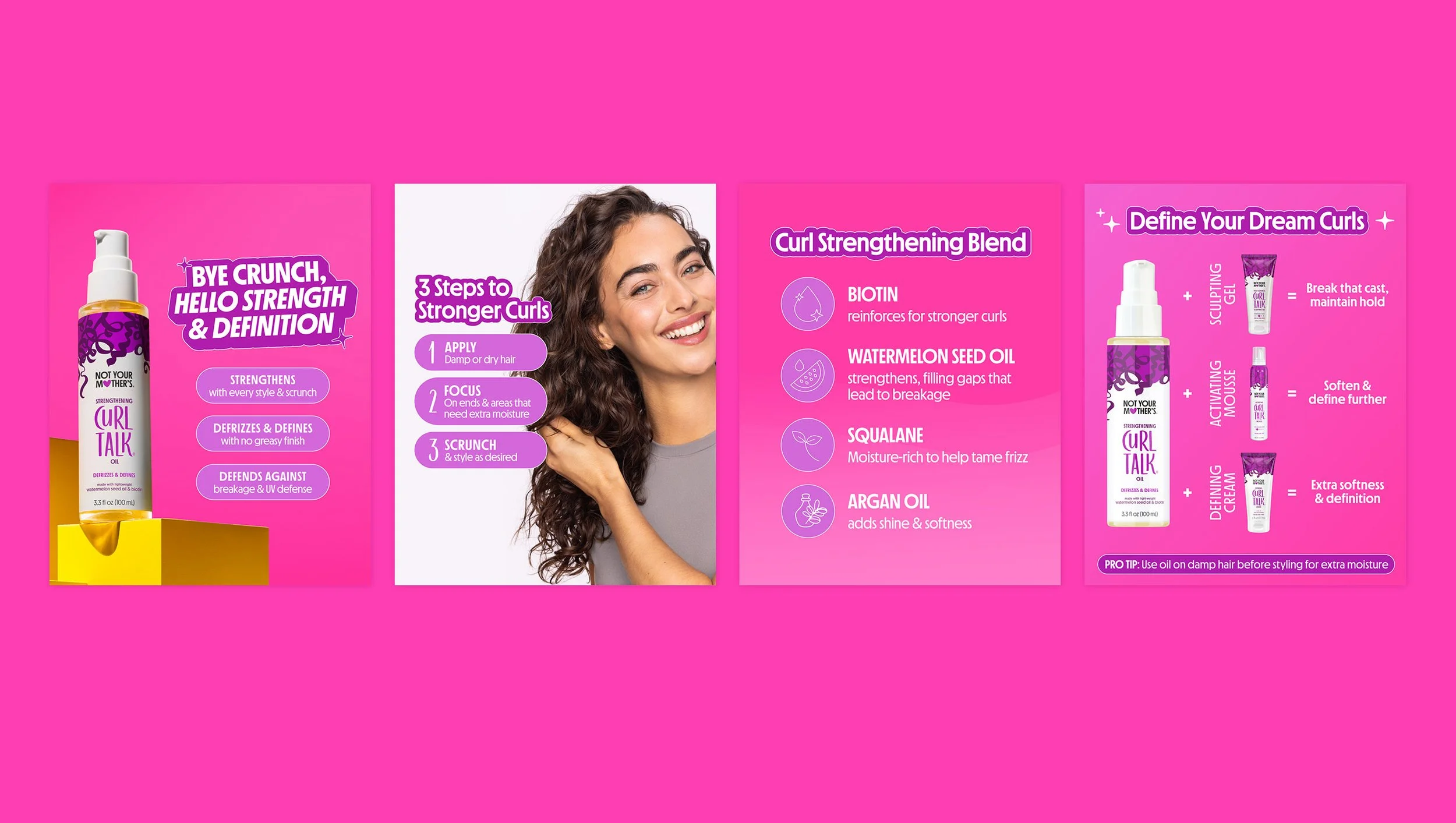 Infographic about curly hair care with a background of pink, showing a bottle of curl strengthening oil, a smiling woman with curly hair, and instructions for strengthening, defining, and styling curls.