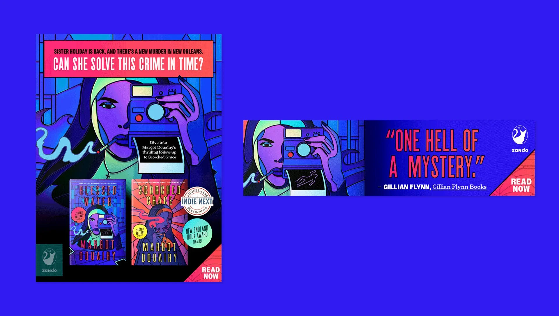 Promotional image for Margot Douahey's book series featuring a stylized illustration of a woman holding a camera, with book covers and endorsement quotes. The background is primarily blue with pink and red accents.