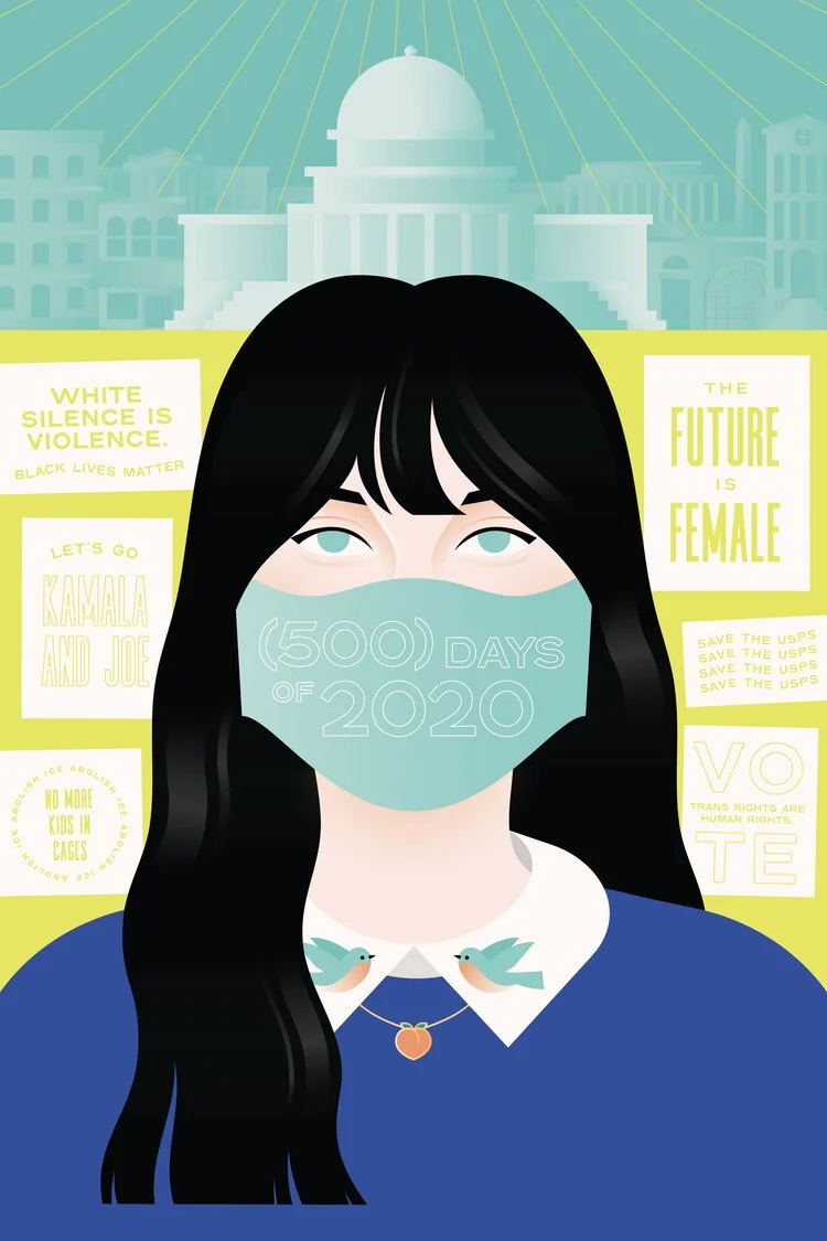 Illustration of a woman with long black hair wearing a blue mask that reads   'WHITE SILENCE IS VIOLENCE', 'BLACK LIVES MATTER', 'LET'S GO KAMALA AND JOE', 'THE FUTURE IS FEMALE', and 'VOTE'. 500 days of summer, zooey deschanel