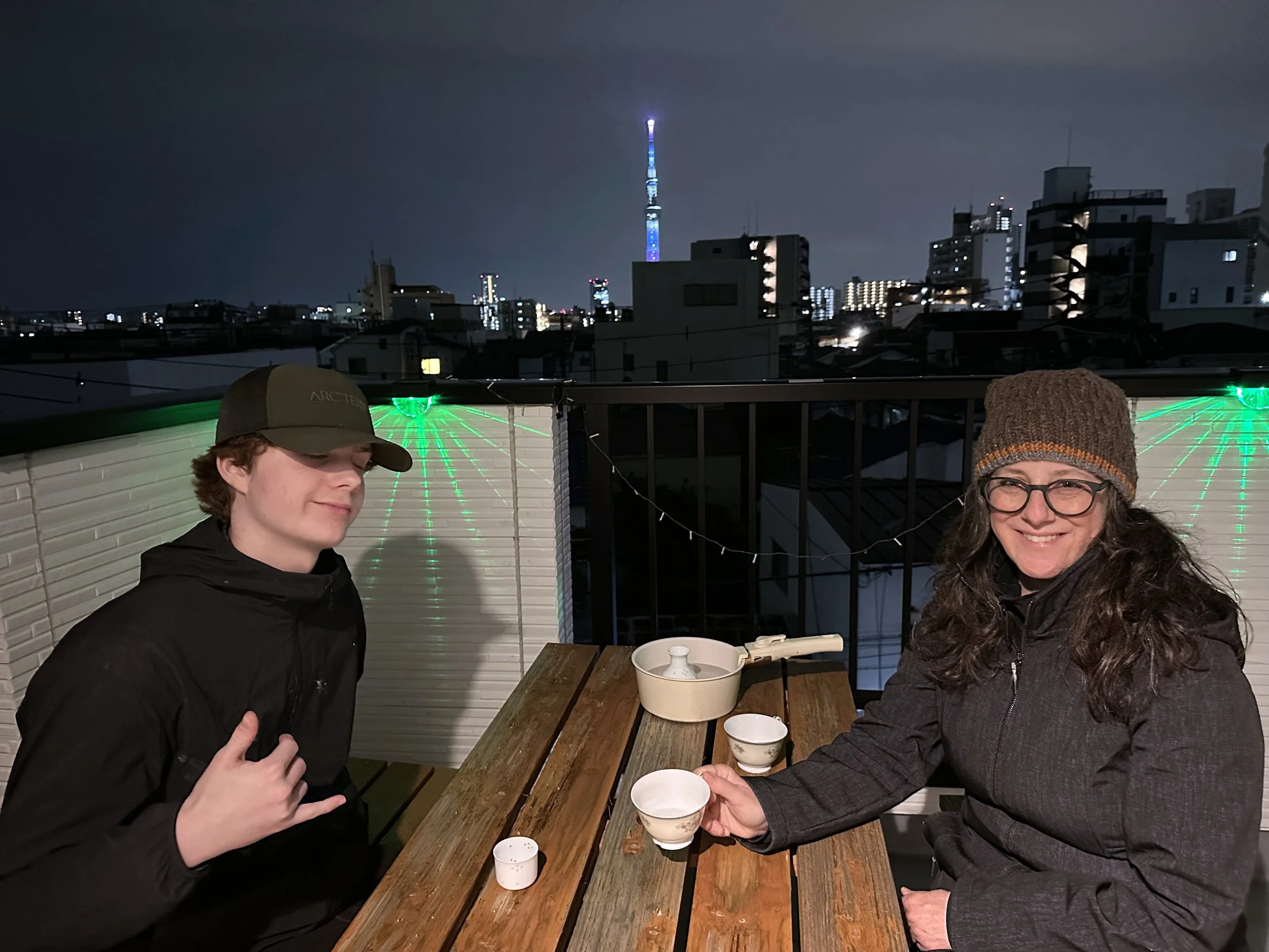  Cool rooftop deck at our rental place. Tokyo Skytree keeping us company on the skyline. 
