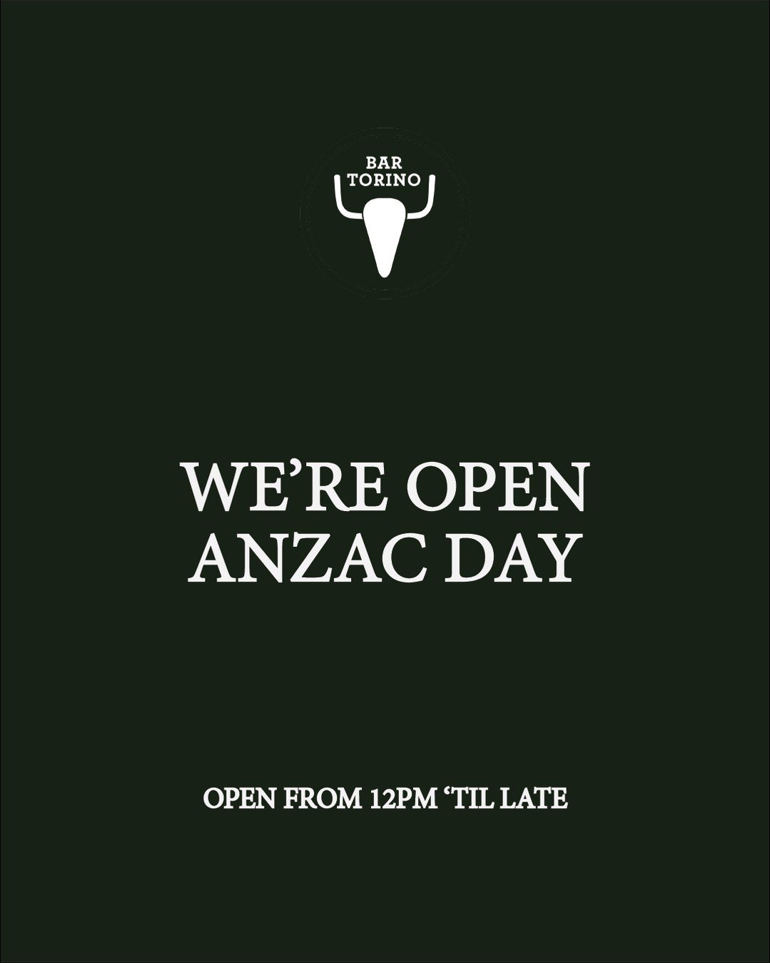 Bar Torino is open on the Anzac Day public holiday, this Saturday from 12pm 'til late.⁠
⁠
See you there &rarr; link in bio @bartorino⁠
⁠
#BarTorino