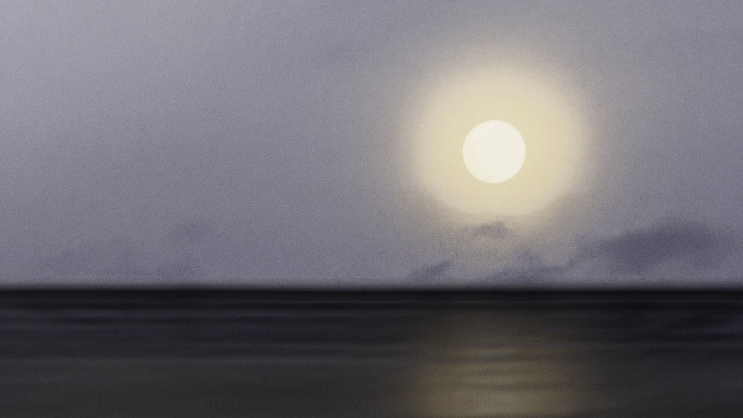 A created seascape with a full moon reflecting over a mostly still sea by contemporary fine art photographer Jeffery Oliver from his Imaginary Landscapes series