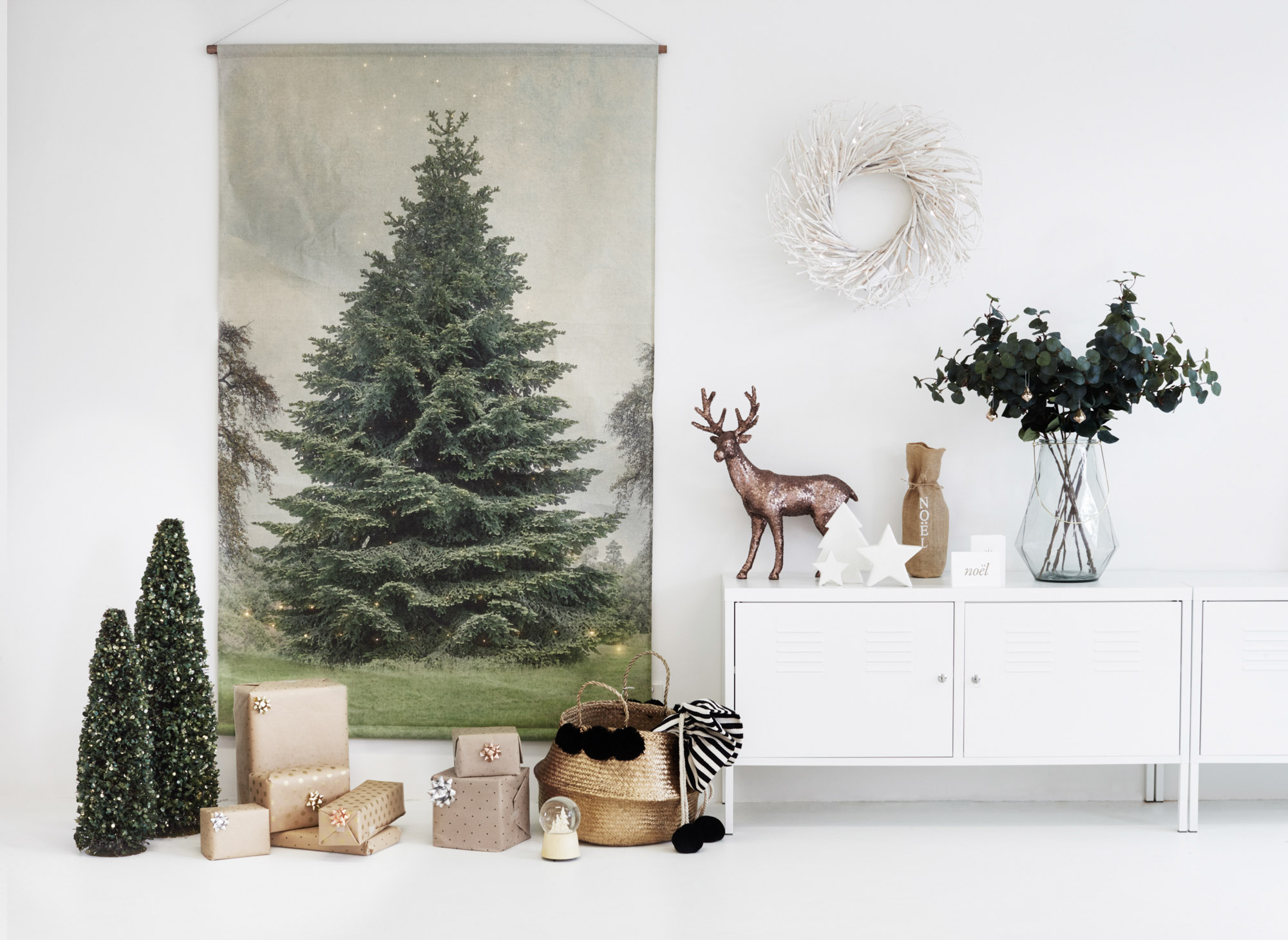 CHRISTMAS CHART, BASKET + CHRISTMAS STOCKING, MINI TREES, REINDEER, STARS, FAUX LEAVES - HAMPTONS AT HOME VASE - WEST ELM CABINET - IKEA