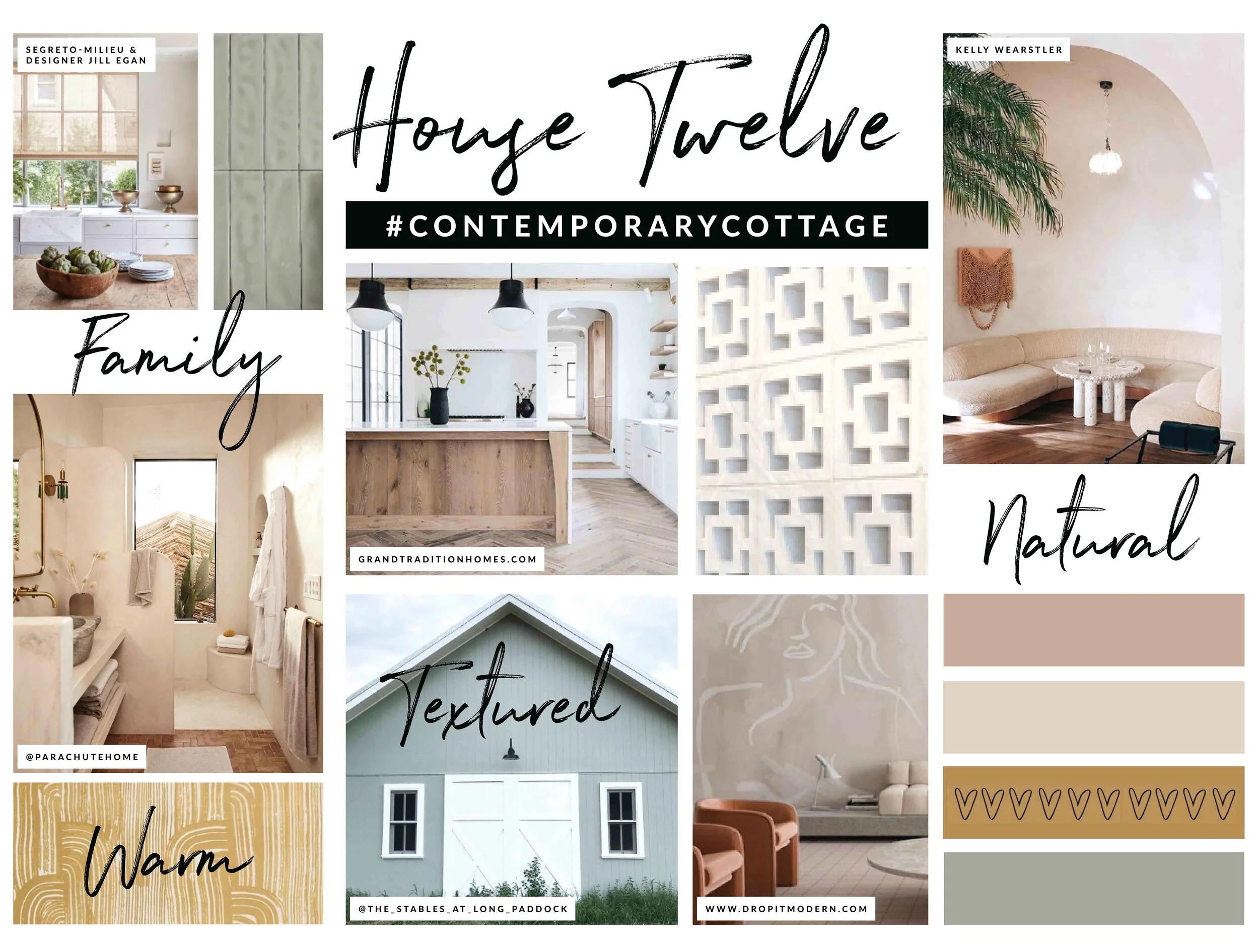 Three Birds Renovations House 12 contemporary cottage mood board featuring soft neutral tones, textured finishes, curved forms and warm natural materials.