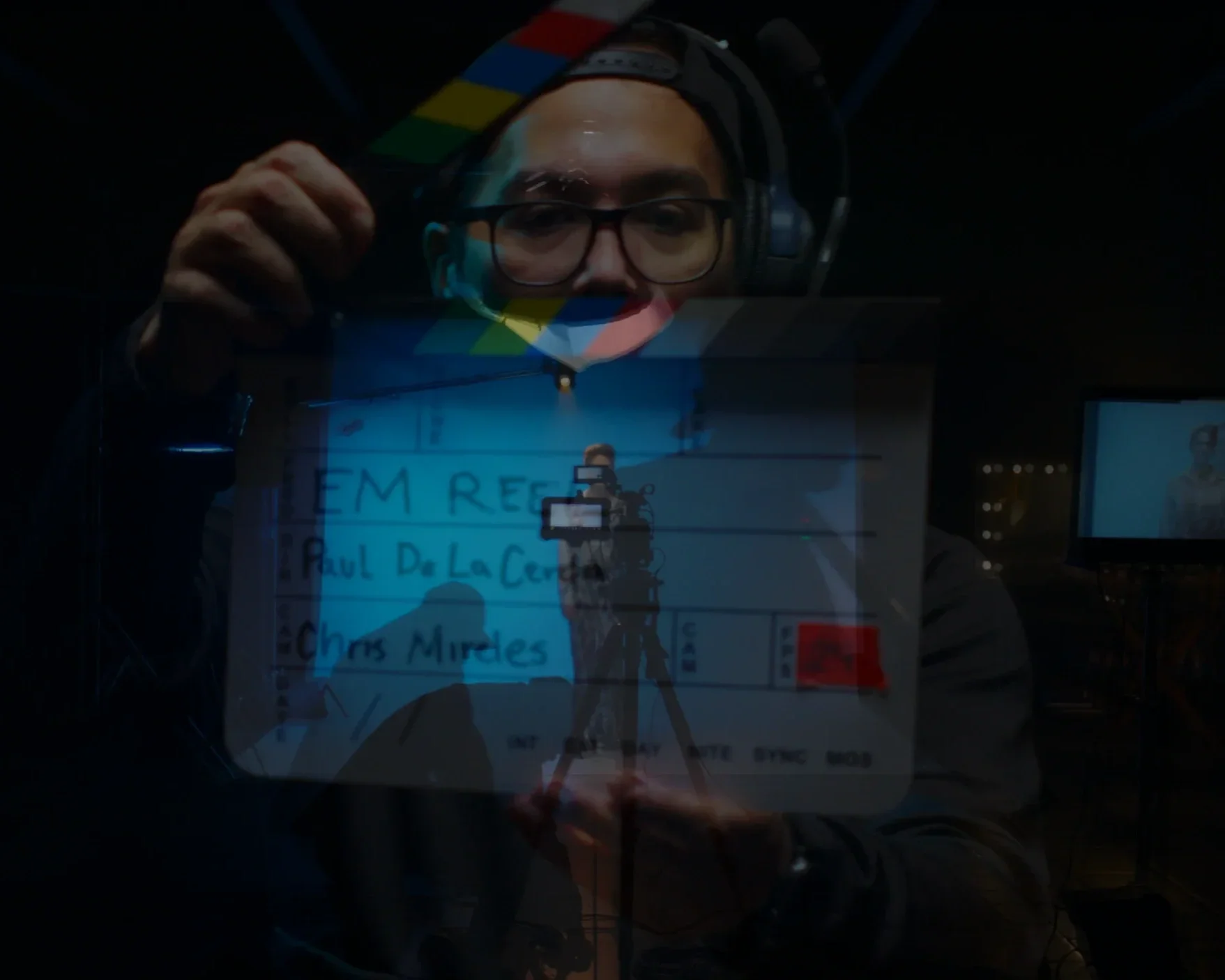 Film crew member holding a clapperboard during a professional commercial video production.
