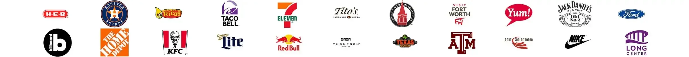 Collage of brand logos representing companies Encima Media has partnered with for advertising productions and campaigns, including H-E-B, Houston Astros, Taco Bell, KFC, The Home Depot, Miller Lite, Red Bull, Tito's Handmade Vodka, Ford, and others.