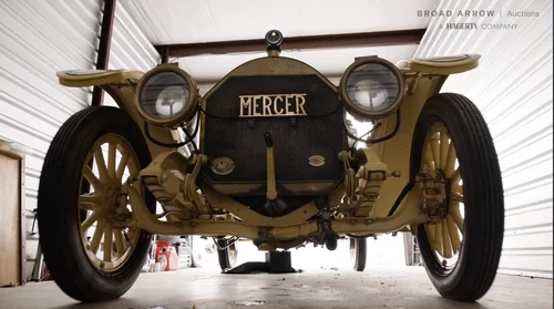 Front view of the 1913 Mercer filmed in a garage for the automotive commercial production.