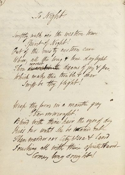 To Night, Percy Bysshe Shelley "Death will come when thou art dead, Soon, too soon— Sleep will come when thou art fled; Of neither would I ask the boon I ask of thee, belovèd Night— Swift be thine approaching flight, Come soon, soon!“