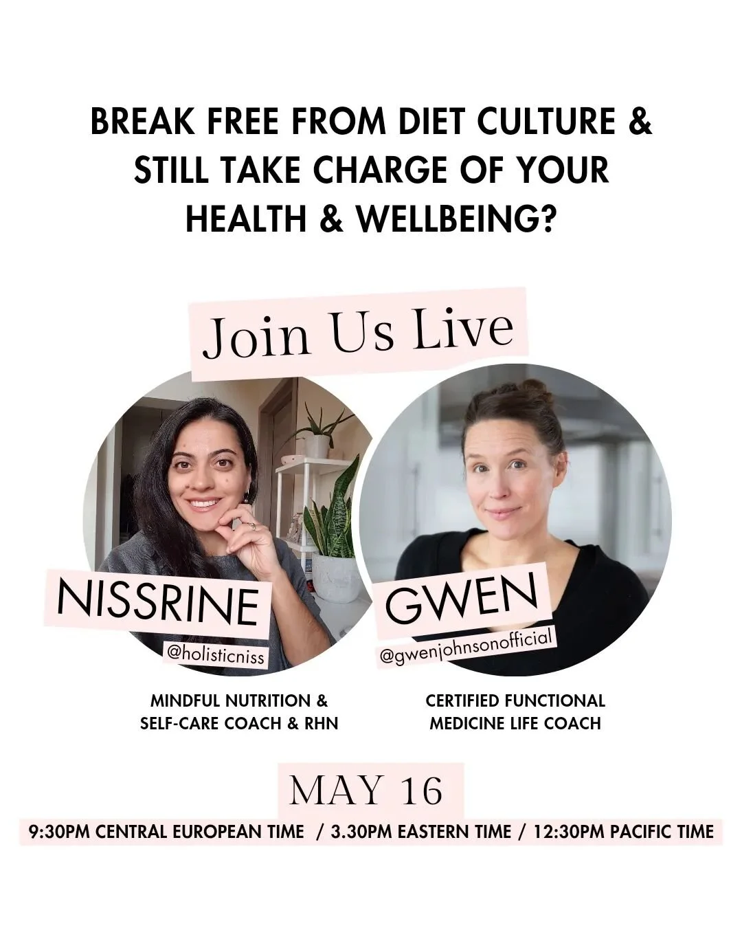 Join us live as we dive into what gets in the way of you feeling good in your body. 

We'll be talking about:
- what diet culture is?
- diet culture trends and how to recognize them for what they are (#Noom #WW #ozempic and more)
- how it impacts you