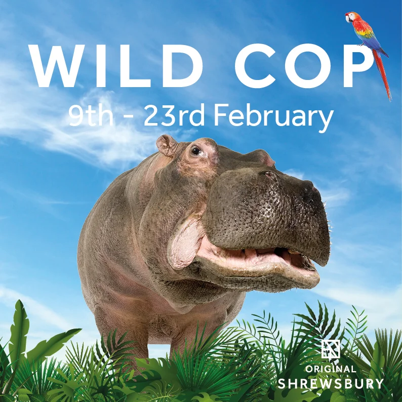  Wild Cop social media graphic with hippo and dates. 