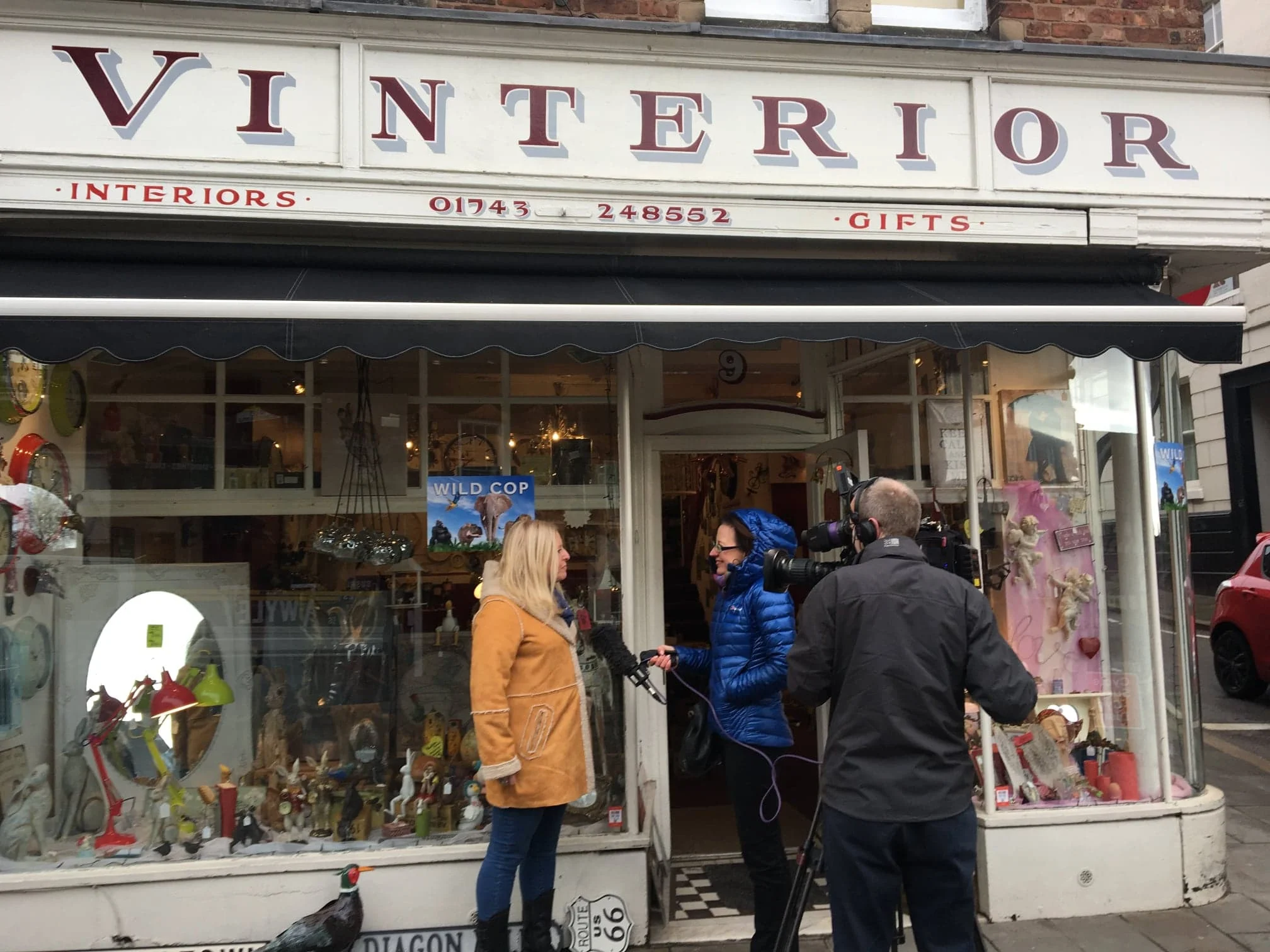  BBC film crew filming outside Vinterior on Wyle Cop for the Wild Cop event. 