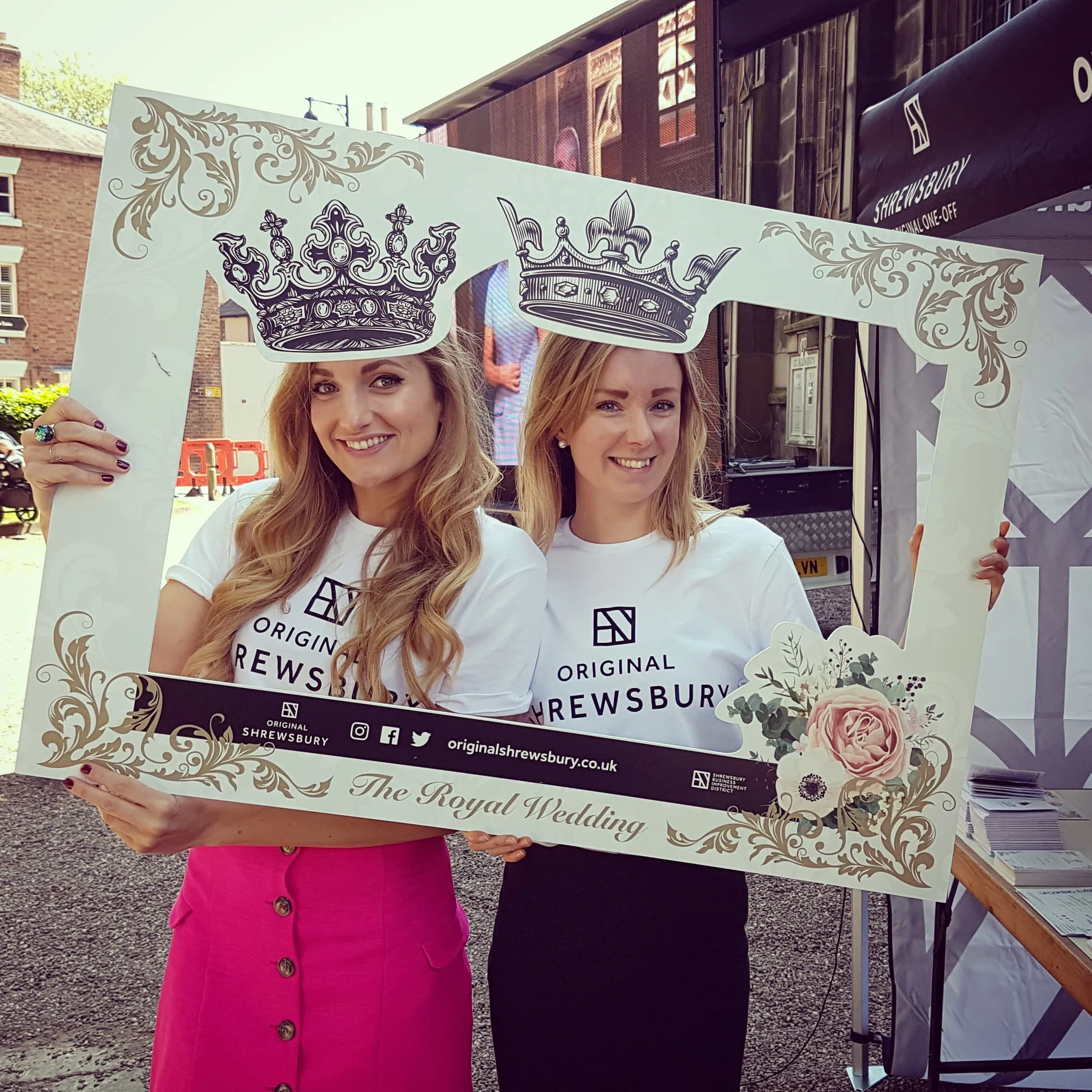  Alice Northrop and Charlotte Hill in the Royal Wedding Selfie Frame. 