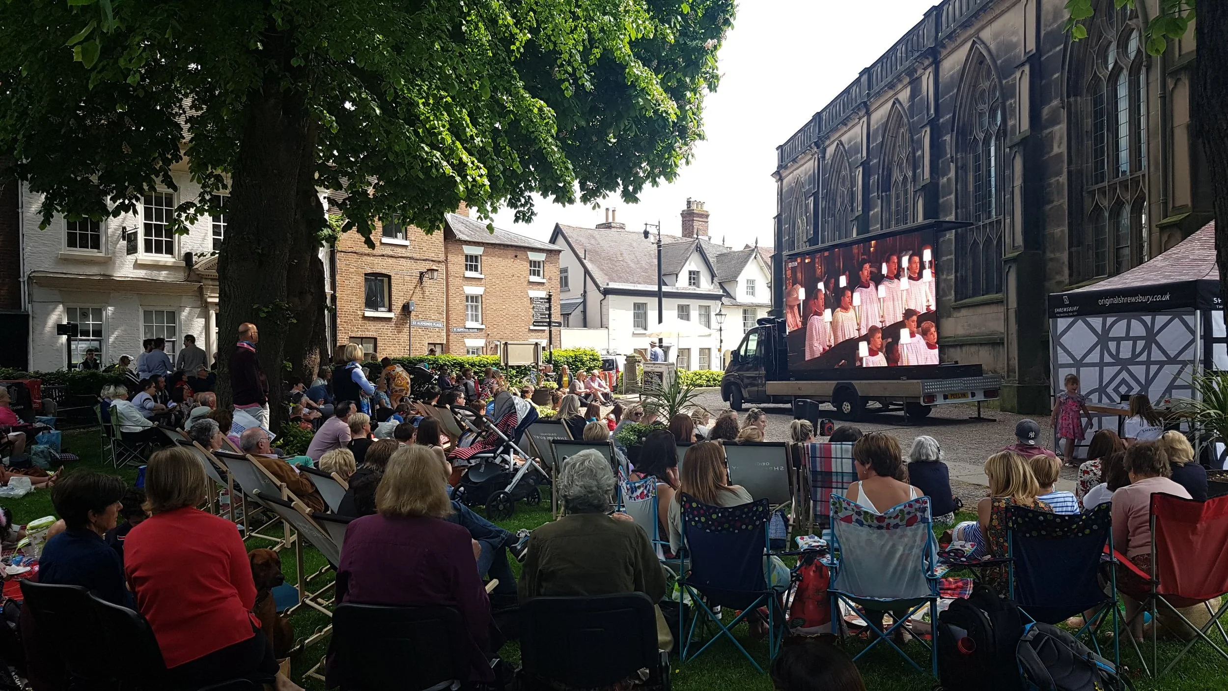  View from Bearsteps Cafe of the audience at St Alkmund’s Church watching the Royal Wedding on the big screen. 