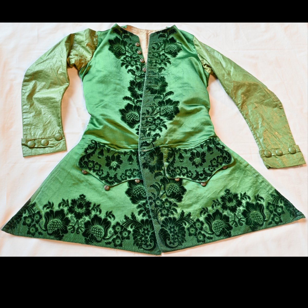 1730–1740 sleeved waistcoat, part woven green satin and part velvet