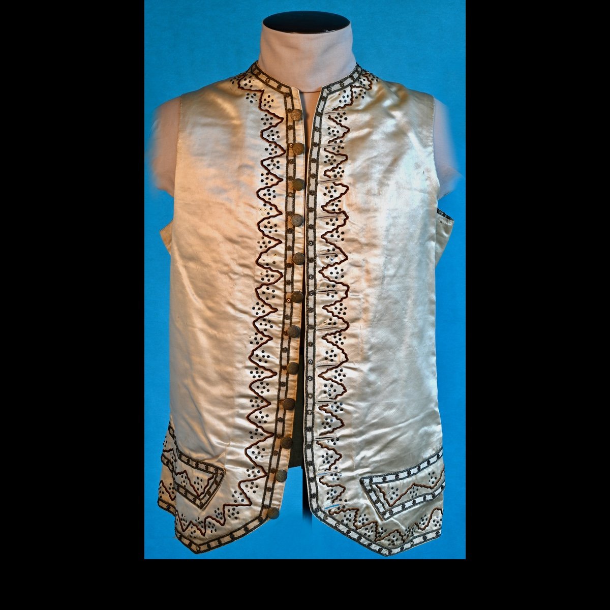 1775 cream satin waistcoat with brown silk embroidery and spangles