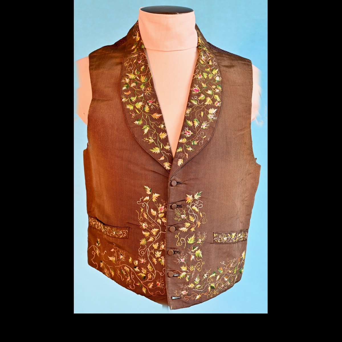 1820 brown ribbed silk waistcoat with multicoloured embroidery