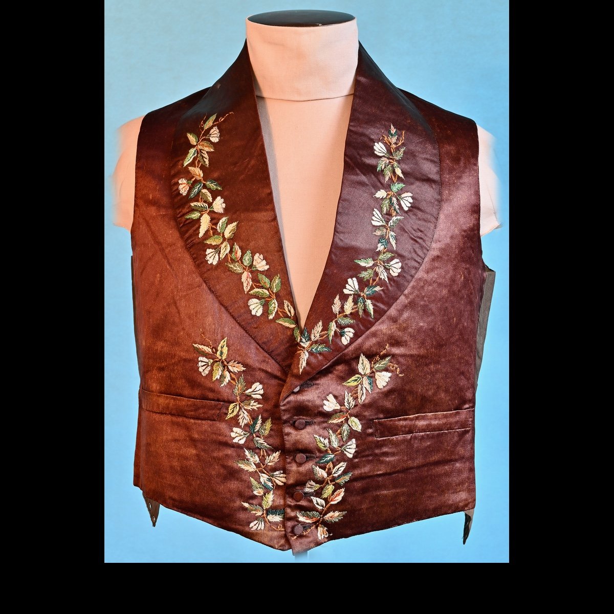 1820 brown silk waistcoat with green and brown embroidery