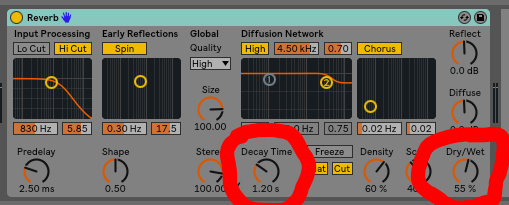 I'm using Ableton's built in reverb, but you can use whatever you would like. Our two parameters of interest for now are decay time and the dry/wet knobs.