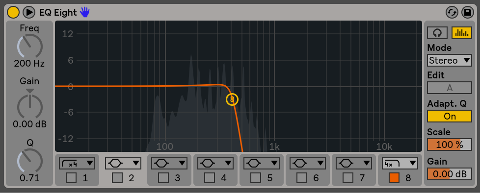 This is the same EQ as earlier, but we now have our 8th node point actived. The symbols above each number represents the type of mode for your node point. the 1 point is a high pass, 2 through 7 are bell curves, and 8 is a low pass. Now that 8 is activated in the low pass mode we can see an orange line on our analyzer window. This is a visual representation of how our filter is working. If we move the frequency knob down in value we would see the curve move to the left, and vice versa.