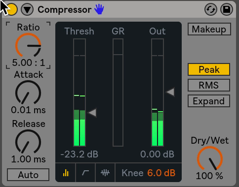 This is the same compressor and signal from above, but with a higher ratio.