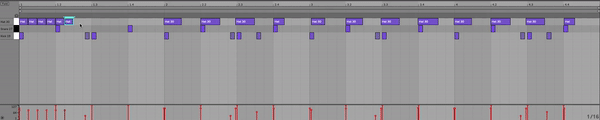 Now that we have out six notes drawn in we can time stretch this midi to fit five notes in our 1/4 notes spacing. In ableton you just hightlight the midi and a stretch handle will appear on top. Click on the handle and drag until the five notes are sitting nicely in the spacing.