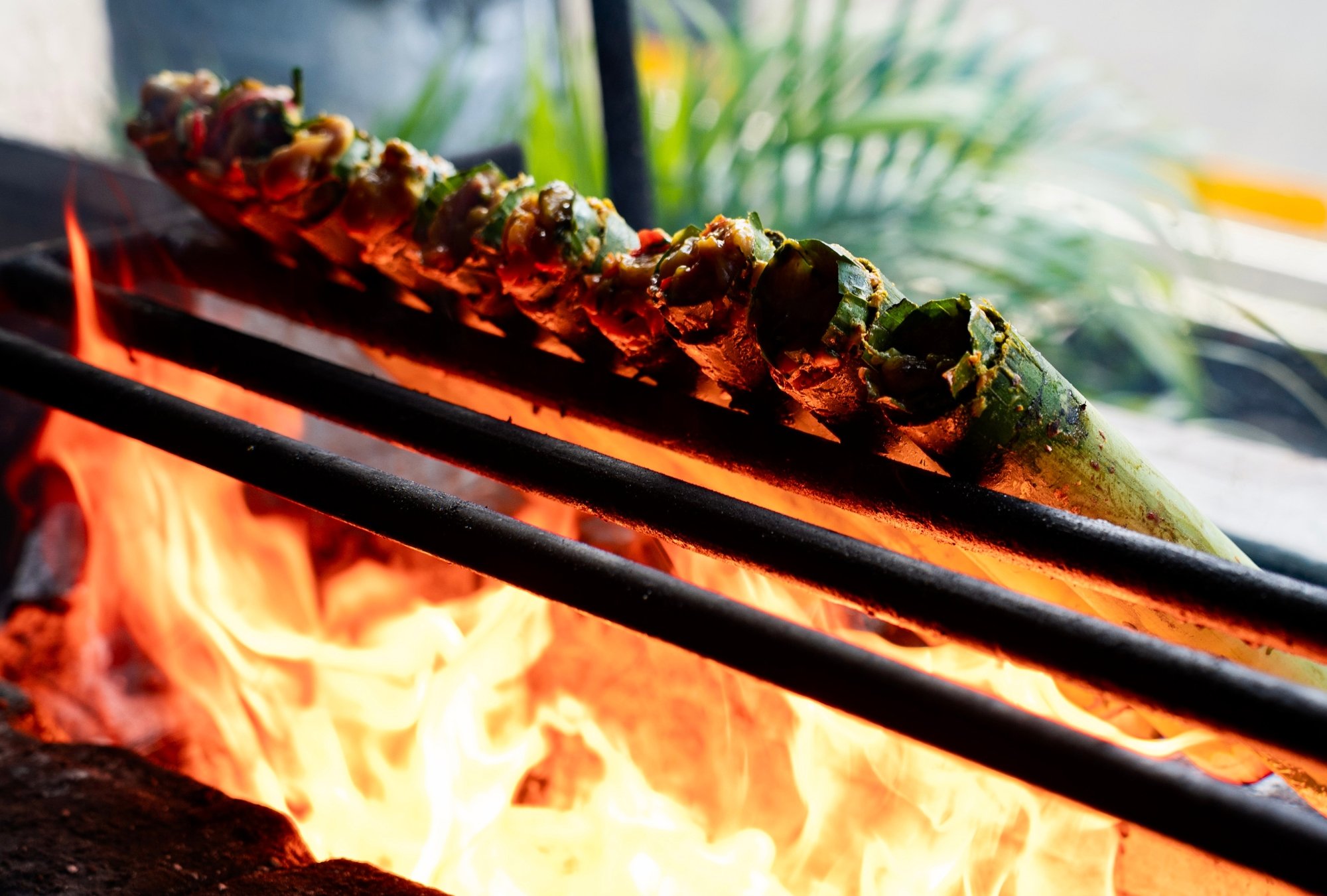 Green vamboo being grilled over an open flame at Ubud's Best Indonesian restaurant.