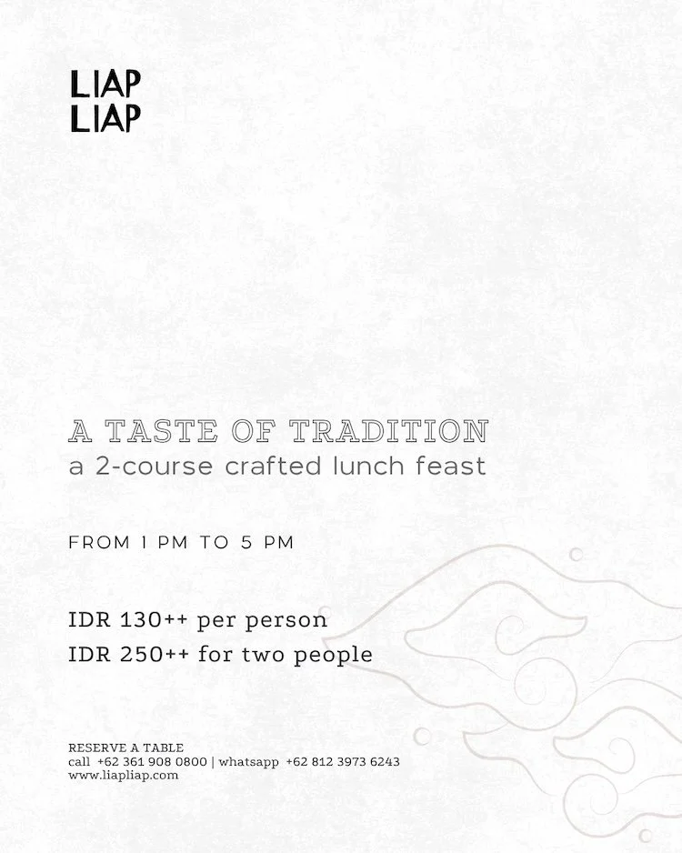 Flyer for 'A Taste of Tradition,' a two-course crafted lunch feast from 1 pm to 5 pm, priced at IDR 130++ per person or IDR 250++ for two people, with reservation details and a simple decorative cloud design.