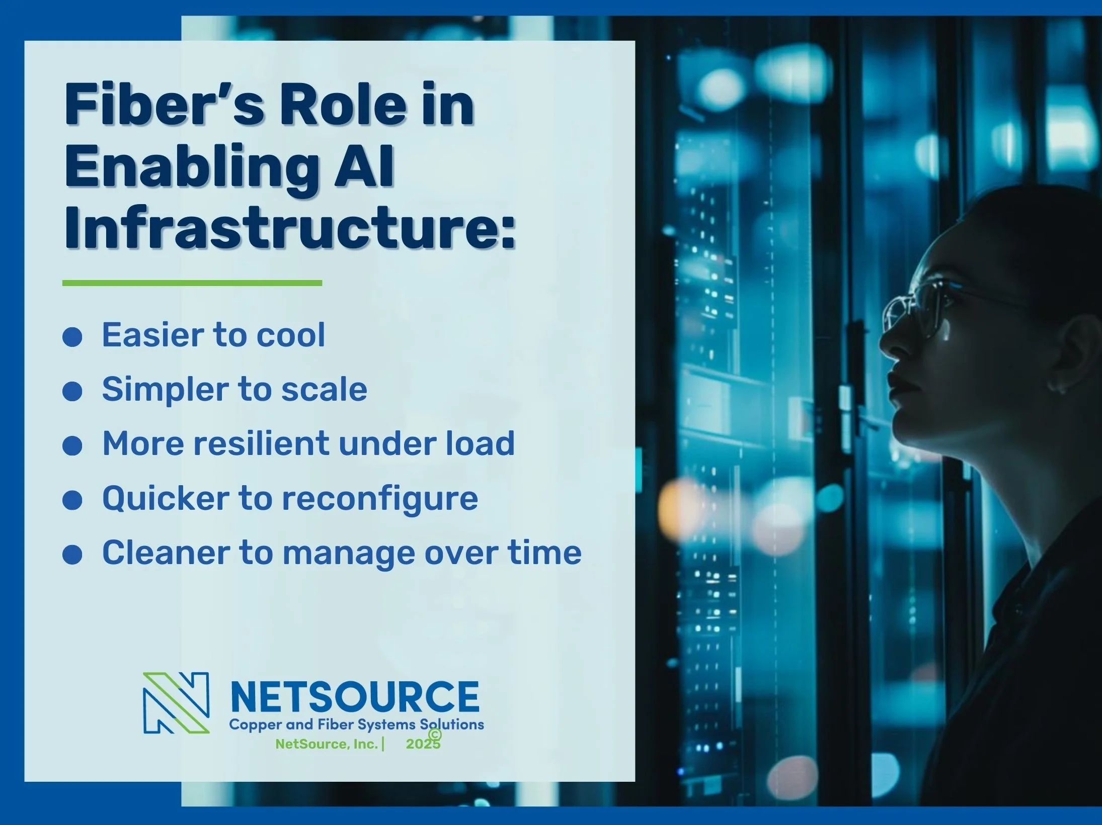 A woman in glasses stands in profile, gazing intently at a wall of brightly lit server racks in a dimly lit server room.