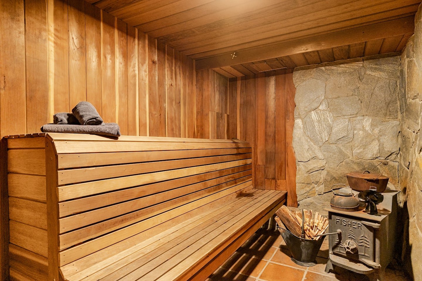 Private cedar sauna at Faerie House Idyllwild wellness cabin rental