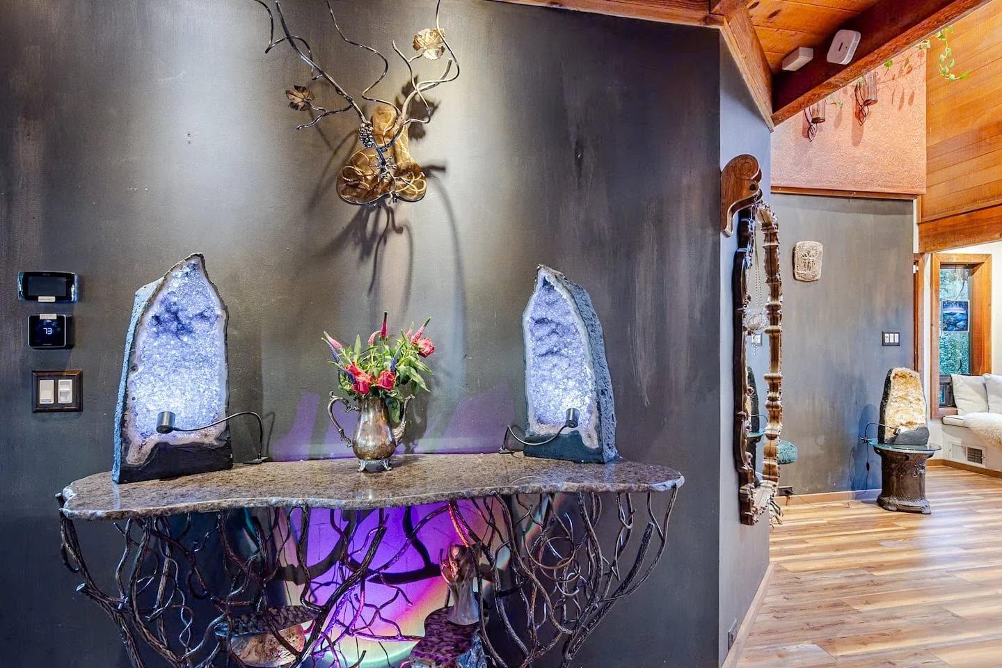 Crystal and natural decor styling inside Faerie House Idyllwild, an enchanted forest cabin in Idyllwild CA